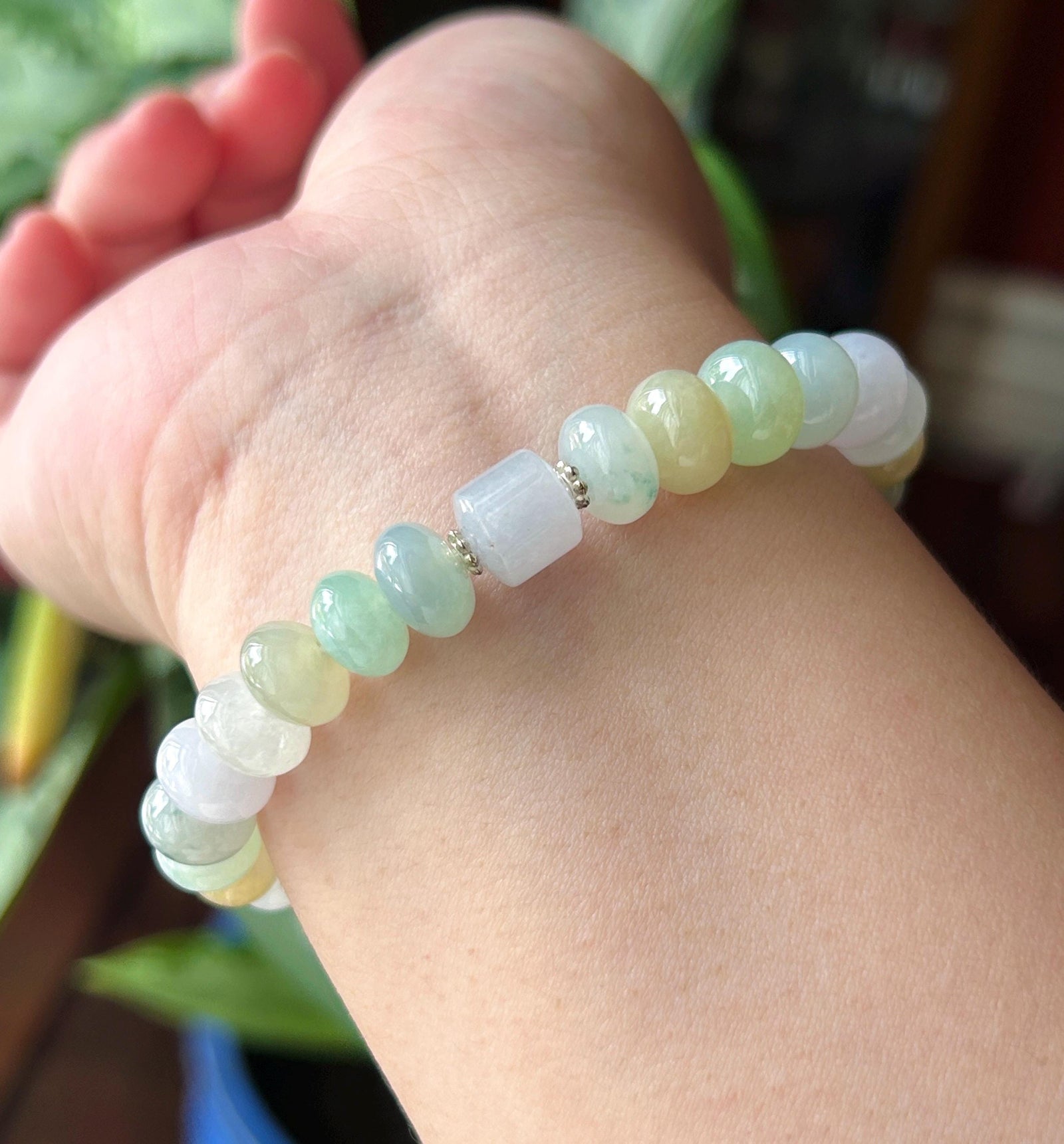 Natural Jadeite Beaded Bracelet, Burmese Type A Untreated Highly Translucent Icy Glutinous Candy Macaron Multicolor Jade, 9.5mm