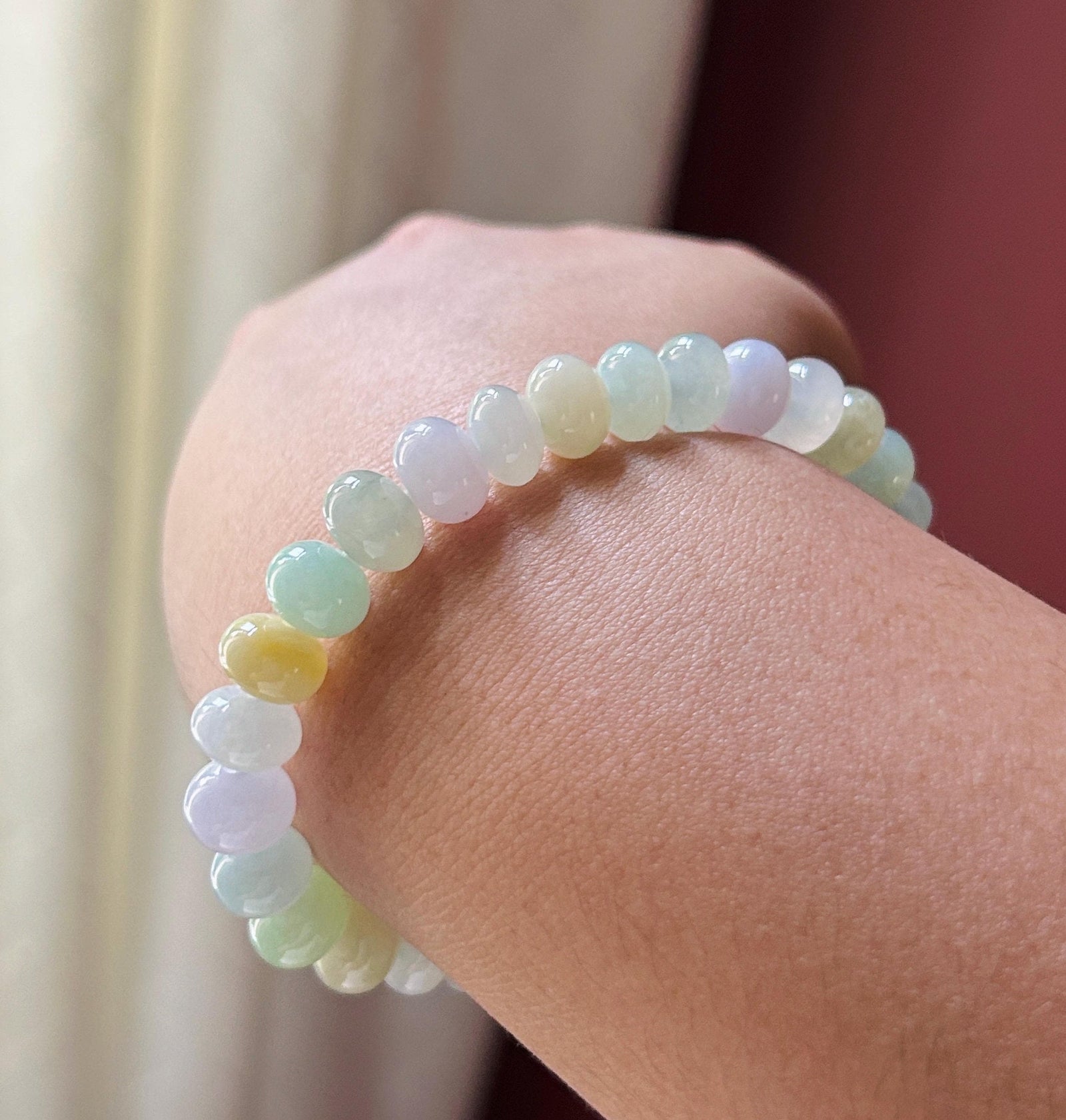 Natural Jadeite Beaded Bracelet, Burmese Type A Untreated Highly Translucent Icy Glutinous Candy Macaron Multicolor Jade, 9.5mm