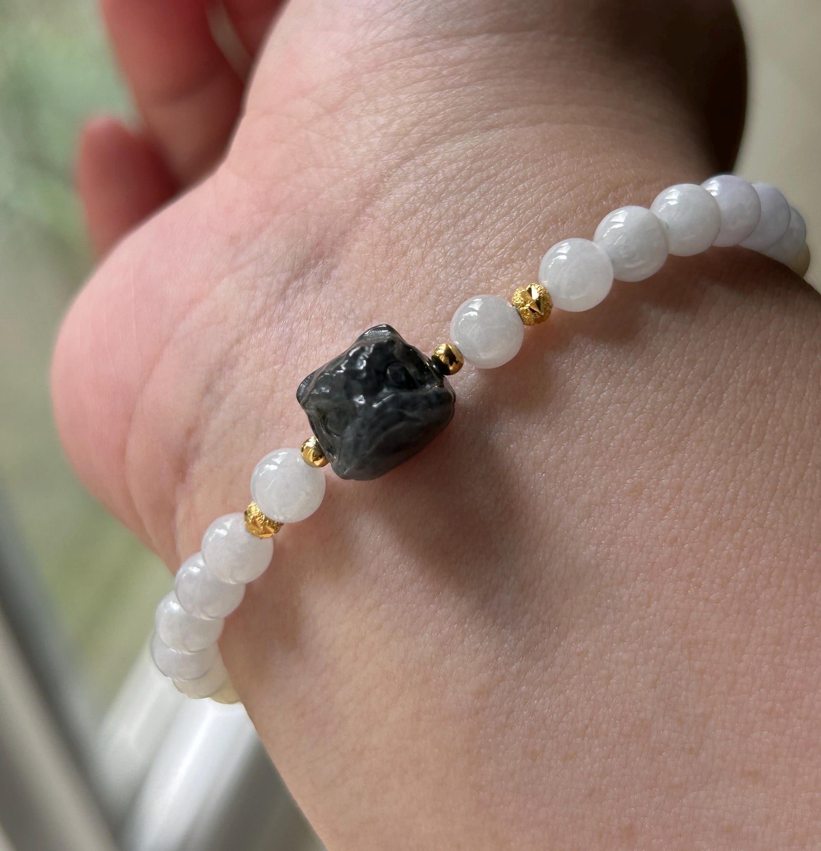 Natural Jadeite Beaded Bracelet – Burmese Type A Untreated Glutinous White Jade with Wuji Black Lion Charm, 6mm, Protection Amulet