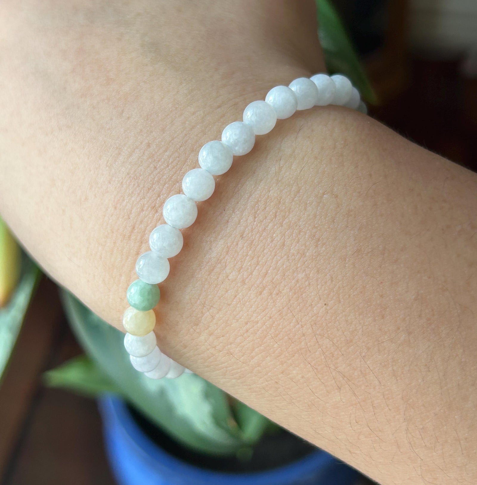 Natural Jadeite Beaded Bracelet – Burmese Type A Untreated Glutinous White Jade with Wuji Black Lion Charm, 6mm, Protection Amulet