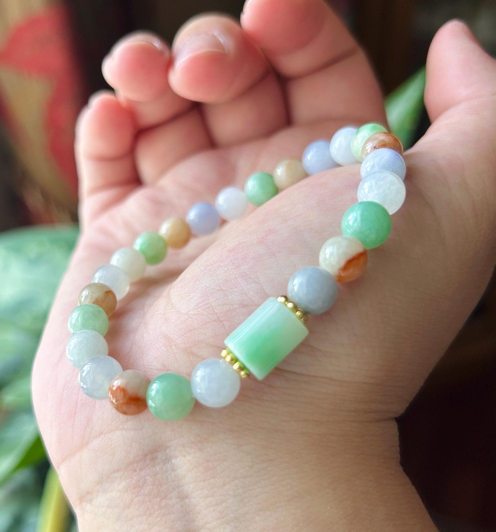 Natural Jadeite Beaded Bracelet, Burmese Type A Untreated Fine Glutinous Icy Multicolor Jade, 7mm