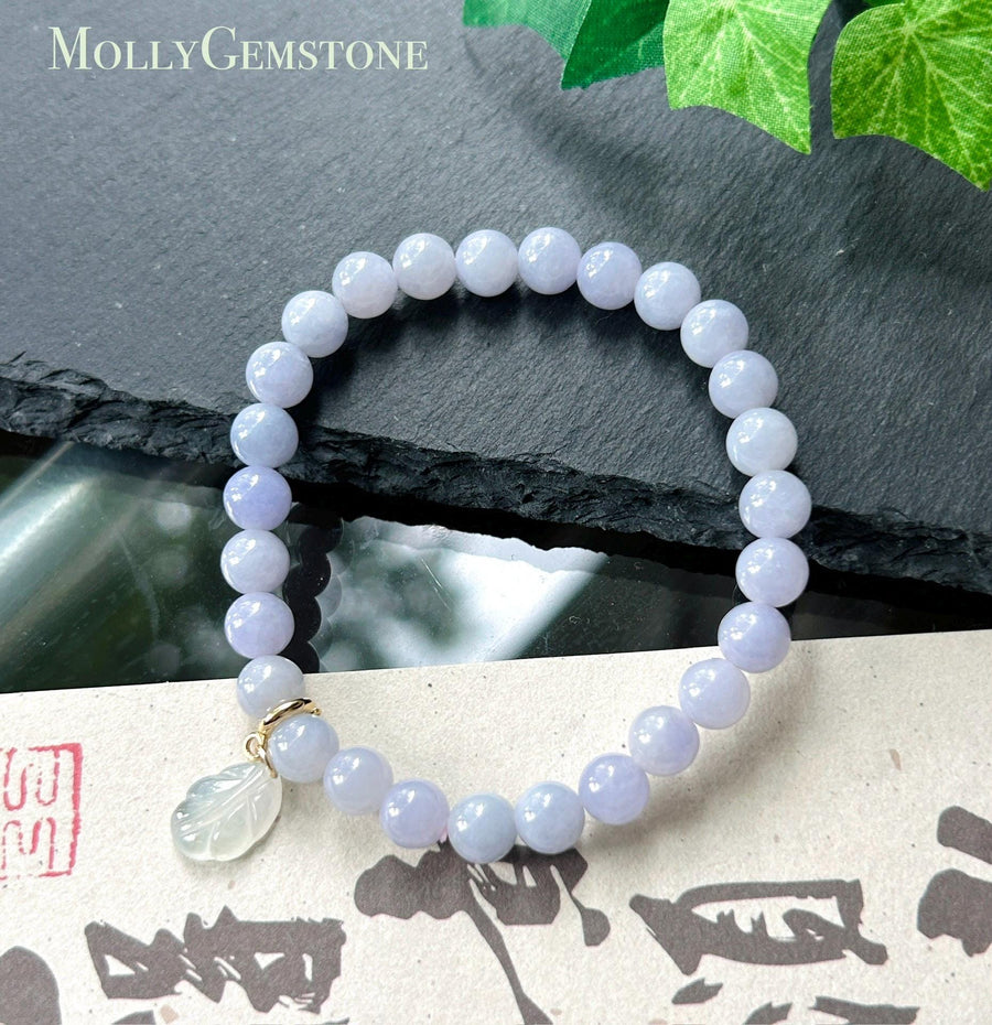 Natural Jadeite Beaded Bracelet Burmese Type A Fine Glutinous Icy Pinkish Lavender Jade 7mm Minimalist Jewelry Icy Leaf Charm