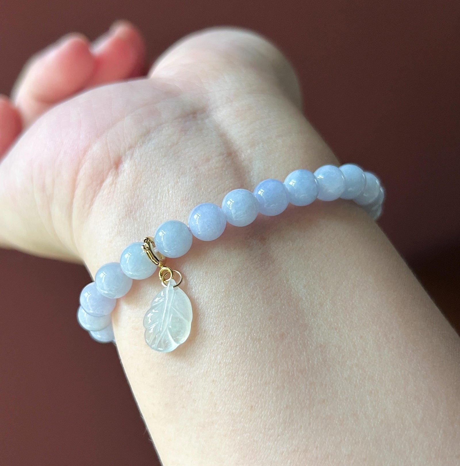 Natural Jadeite Beaded Bracelet Burmese Type A Fine Glutinous Icy Pinkish Lavender Jade 7mm Minimalist Jewelry Icy Leaf Charm