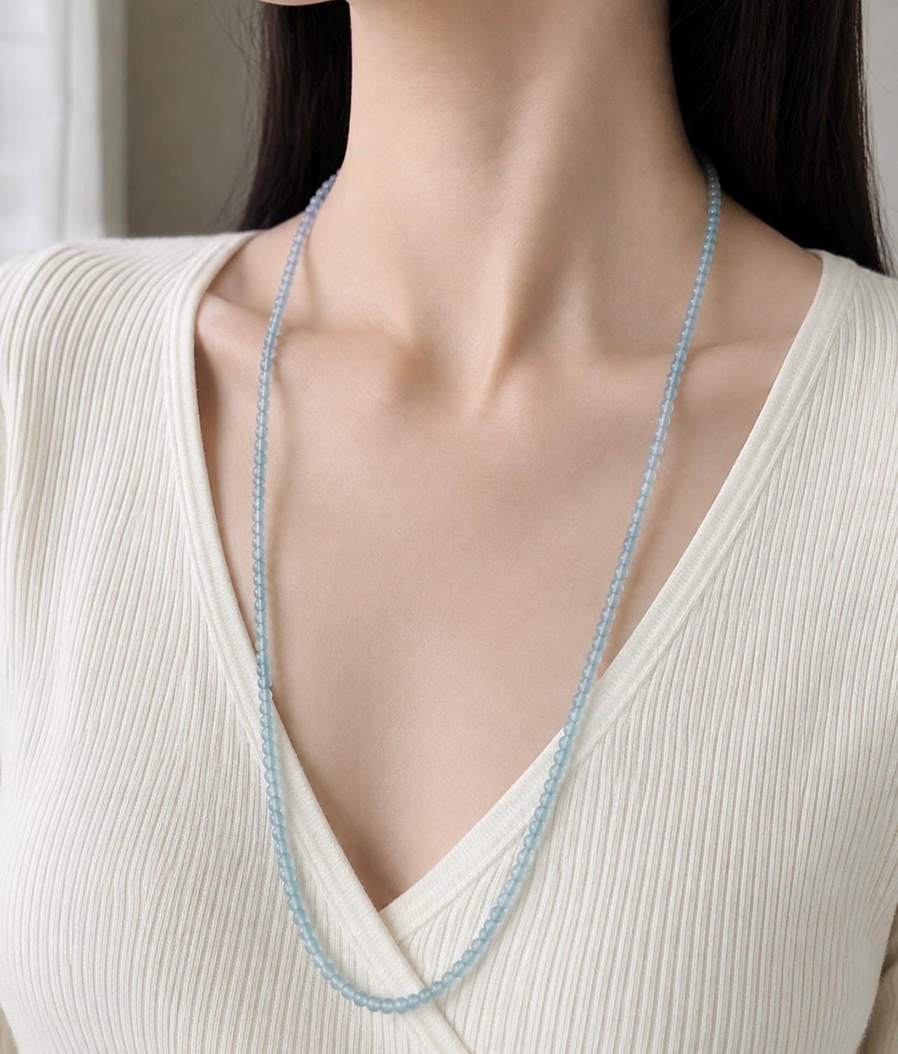 Natural Jadeite Beaded Stacked Bracelet/Necklace Jewelry Guatemalan Type A Highly Translucent Icy Light Blue Jade 3.5mm