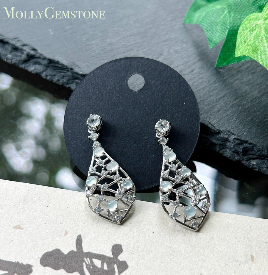 Certified Natural Jadeite Drop Earrings: Burmese Type A Untreated Highly Translucent Icy White Jade Cabochon, Sterling Silver