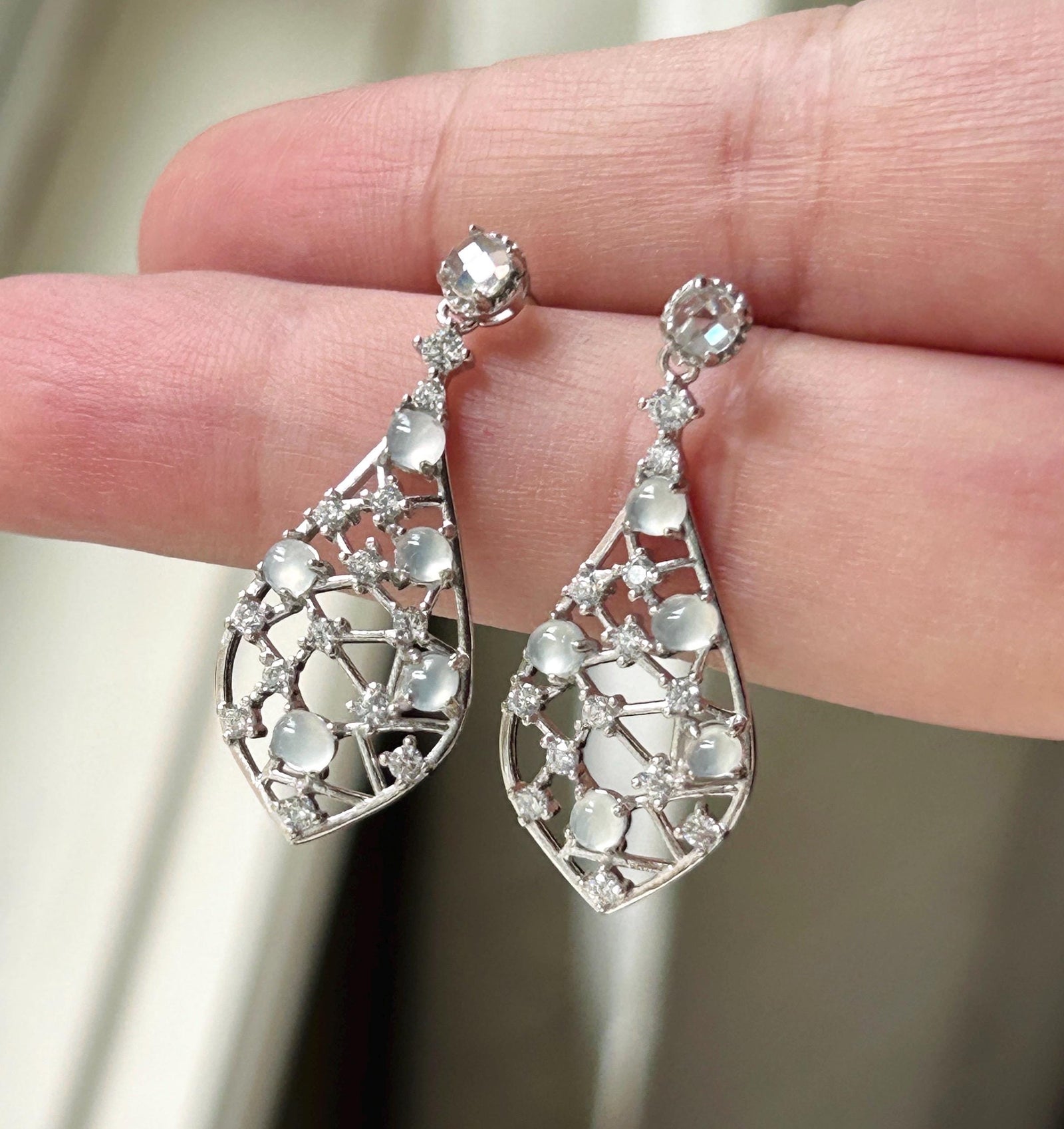 Certified Natural Jadeite Drop Earrings: Burmese Type A Untreated Highly Translucent Icy White Jade Cabochon, Sterling Silver