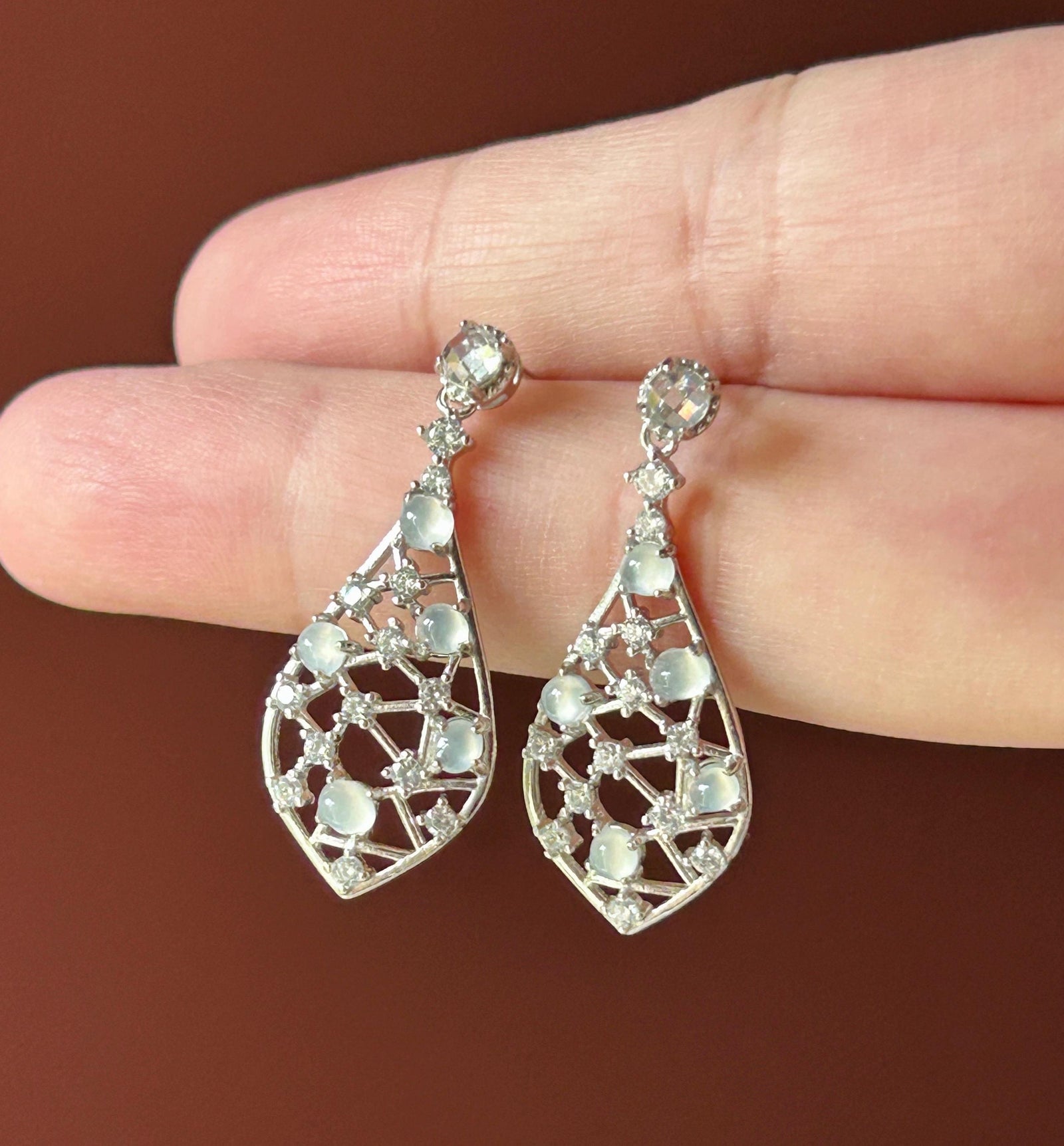 Certified Natural Jadeite Drop Earrings: Burmese Type A Untreated Highly Translucent Icy White Jade Cabochon, Sterling Silver