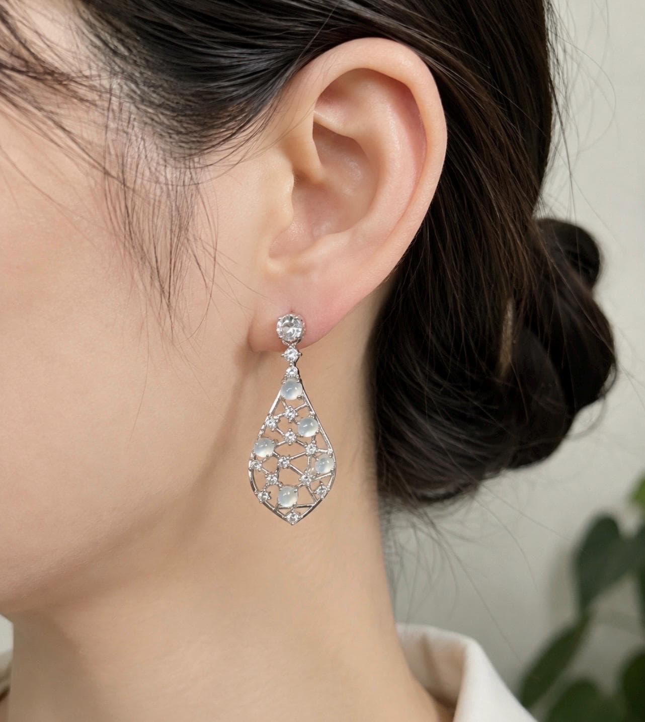 Certified Natural Jadeite Drop Earrings: Burmese Type A Untreated Highly Translucent Icy White Jade Cabochon, Sterling Silver