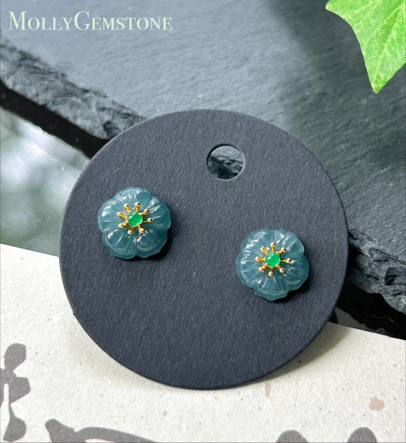 Natural Jadeite Flower Stud Earrings: Guatemalan Type A Untreated Highly Translucent Icy Blue Jade, Sterling Silver