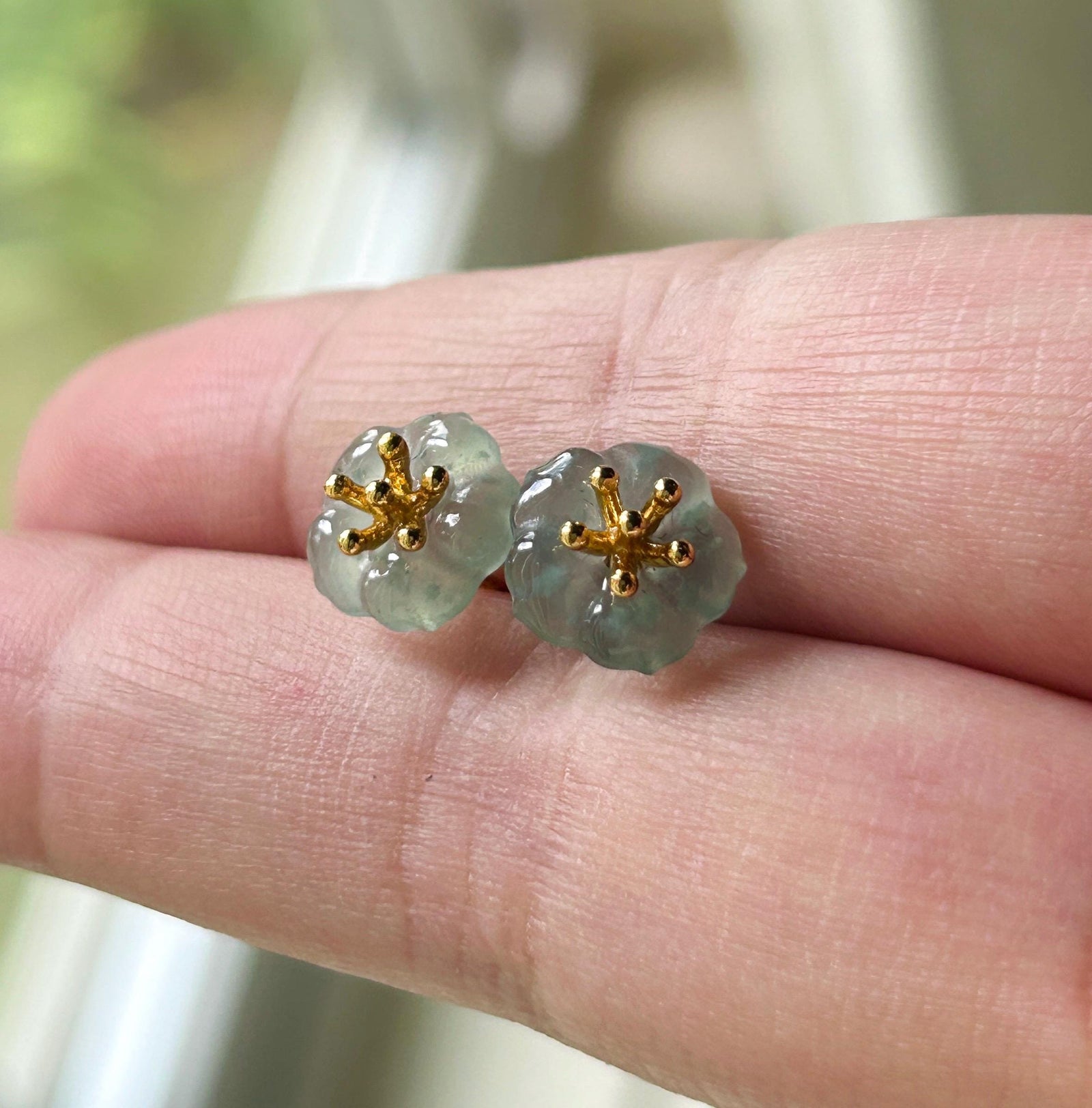 Natural Jadeite Flower Stud Earrings: Guatemalan Type A Untreated Highly Translucent Icy Blue Jade, Sterling Silver