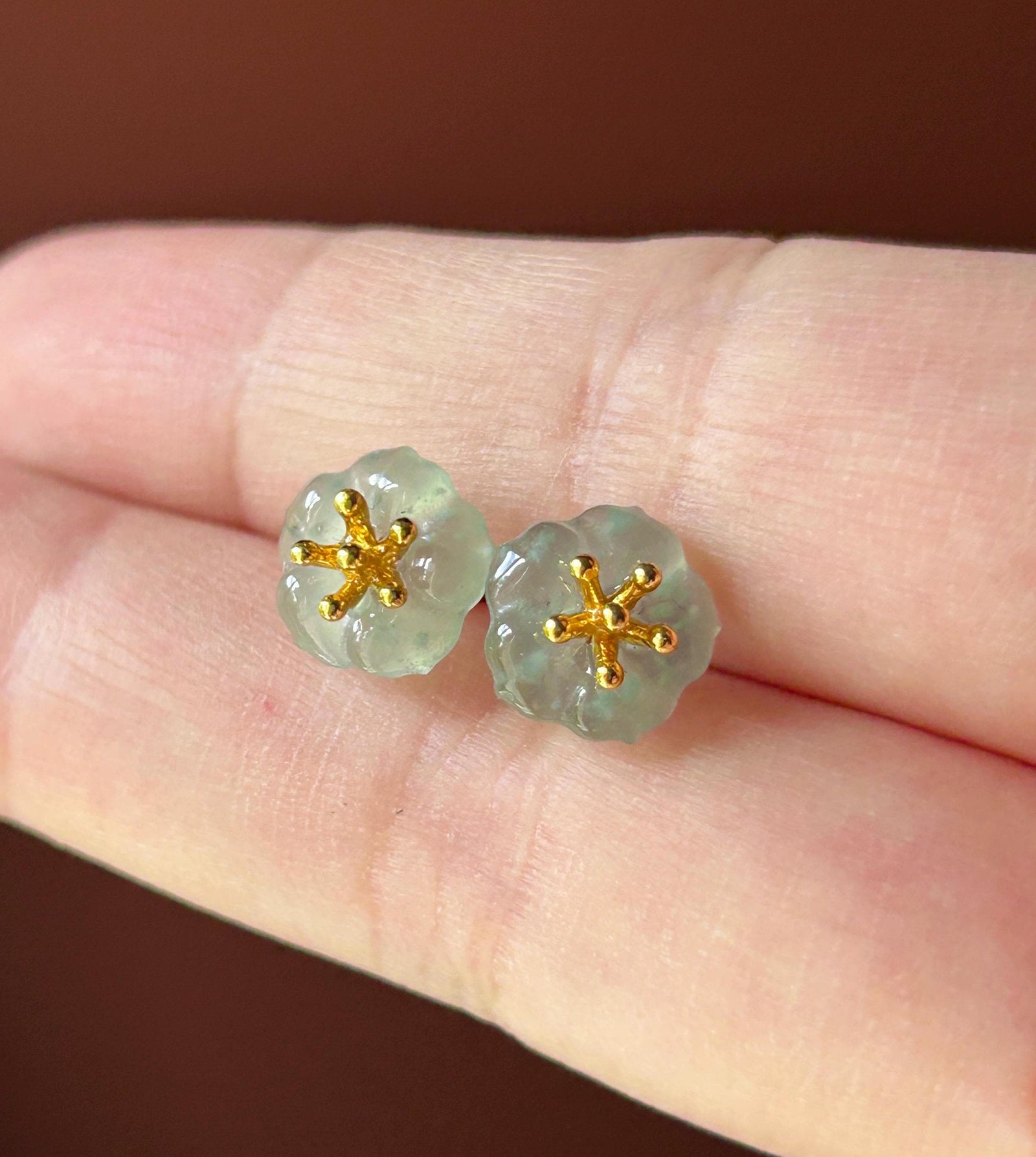 Natural Jadeite Flower Stud Earrings: Guatemalan Type A Untreated Highly Translucent Icy Blue Jade, Sterling Silver