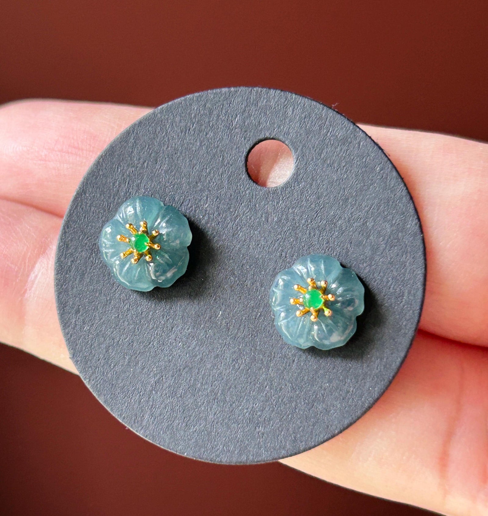 Natural Jadeite Flower Stud Earrings: Guatemalan Type A Untreated Highly Translucent Icy Blue Jade, Sterling Silver