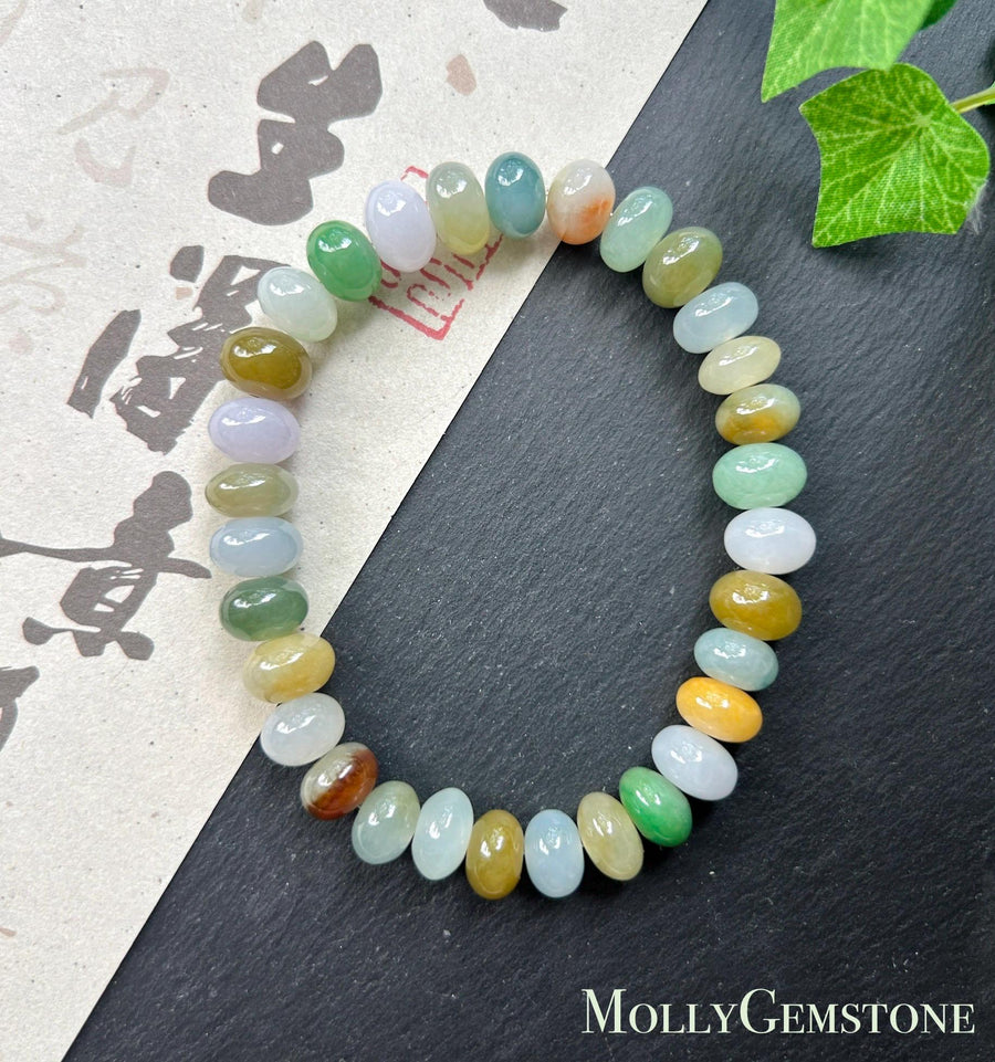 Natural Jadeite Beaded Bracelet Burmese Type A Translucent Icy Multicolor Floral Jade 9.5mm | Autumn Color Jewelry
