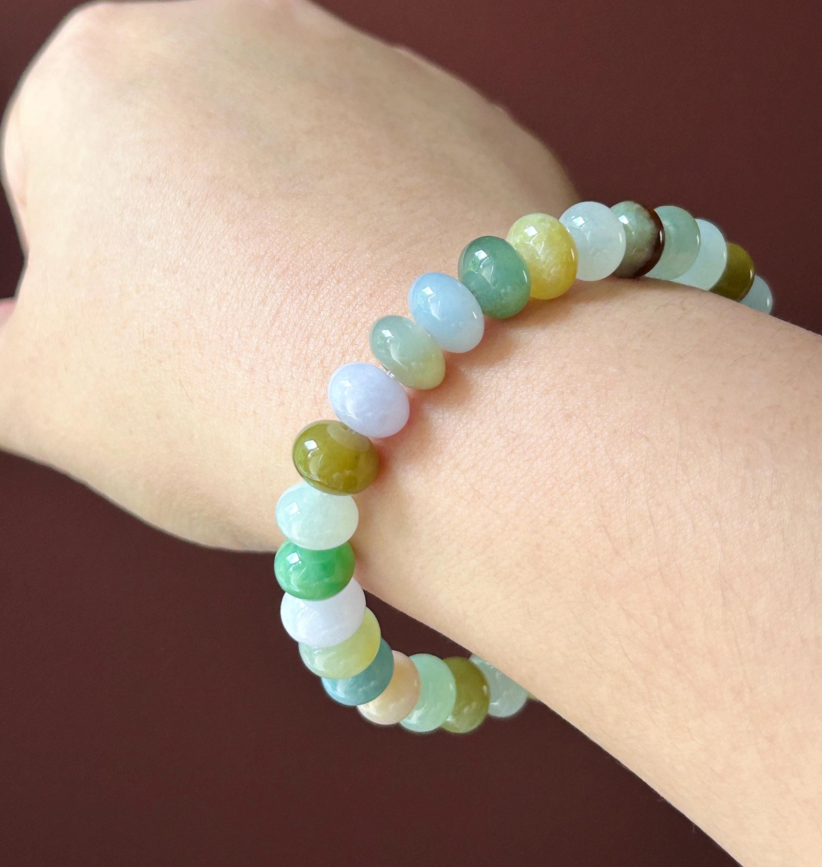Natural Jadeite Beaded Bracelet Burmese Type A Translucent Icy Multicolor Floral Jade 9.5mm | Autumn Color Jewelry