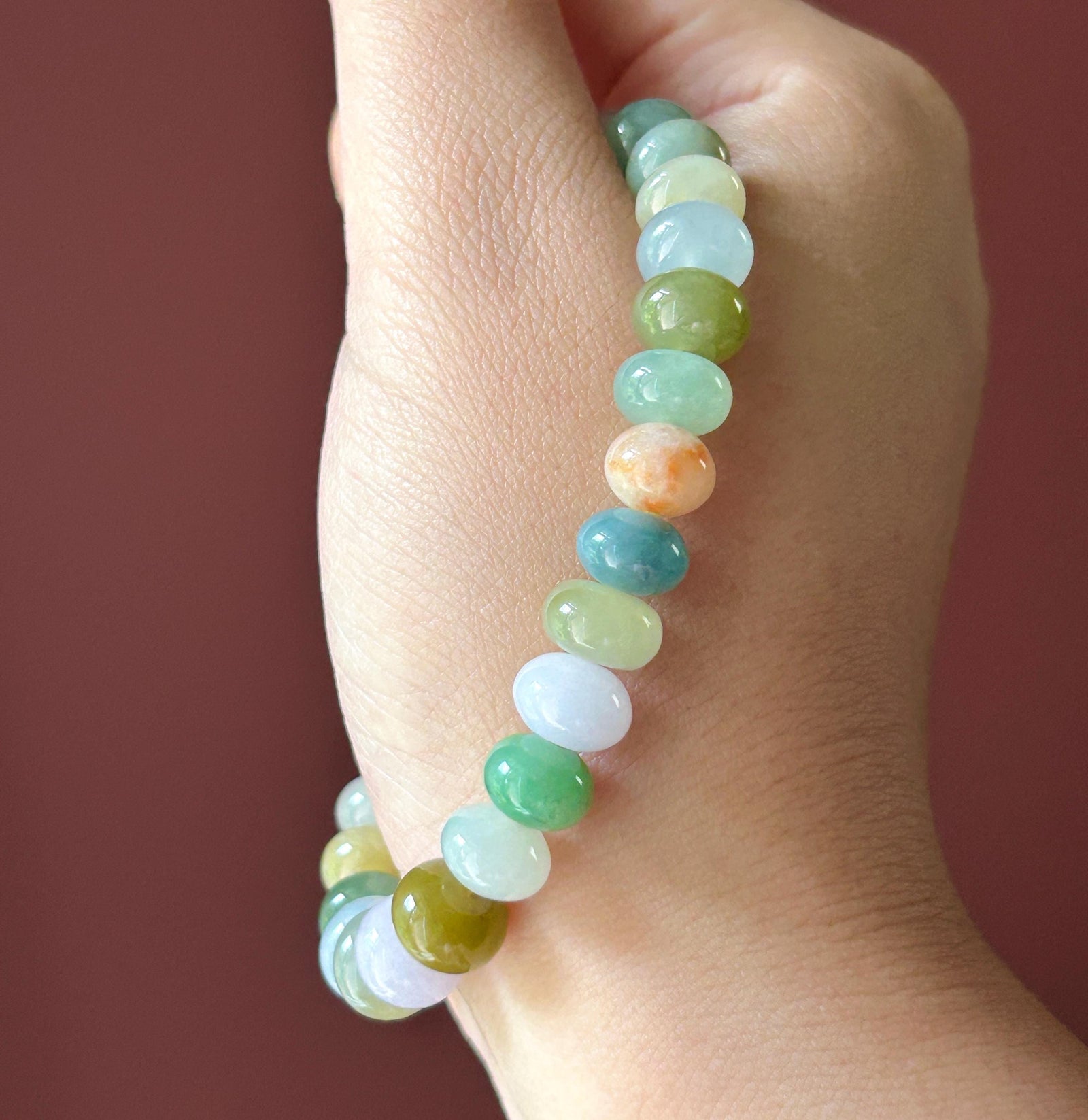 Natural Jadeite Beaded Bracelet Burmese Type A Translucent Icy Multicolor Floral Jade 9.5mm | Autumn Color Jewelry
