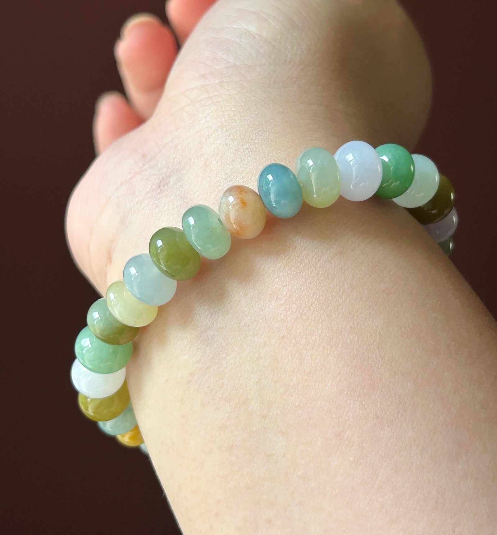 Natural Jadeite Beaded Bracelet Burmese Type A Translucent Icy Multicolor Floral Jade 9.5mm | Autumn Color Jewelry