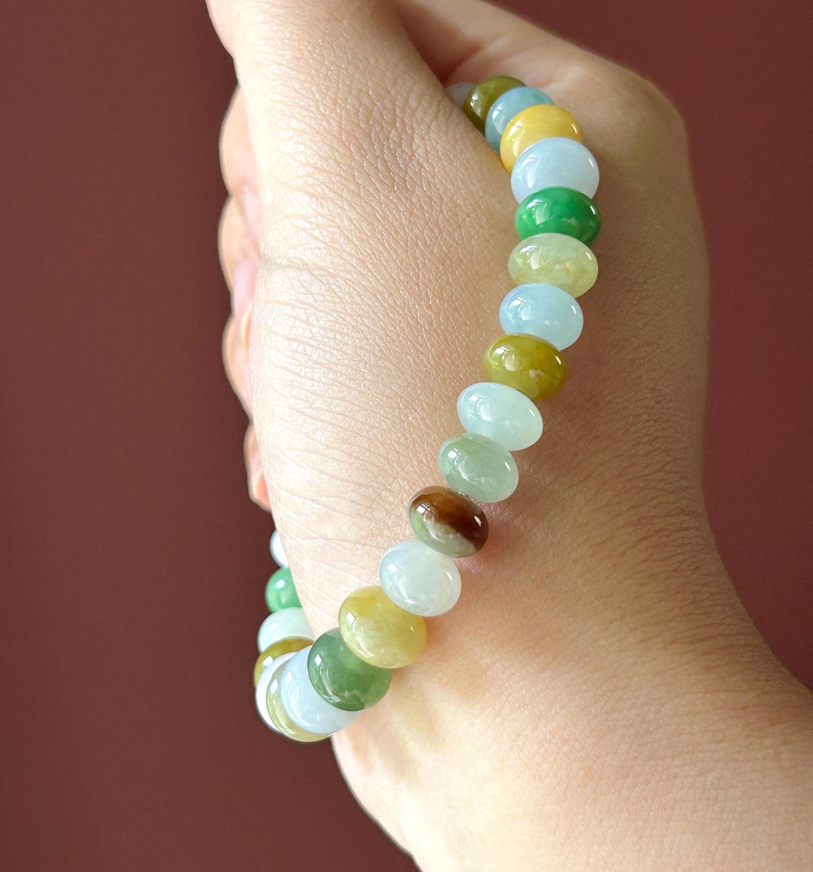 Natural Jadeite Beaded Bracelet Burmese Type A Translucent Icy Multicolor Floral Jade 9.5mm | Autumn Color Jewelry
