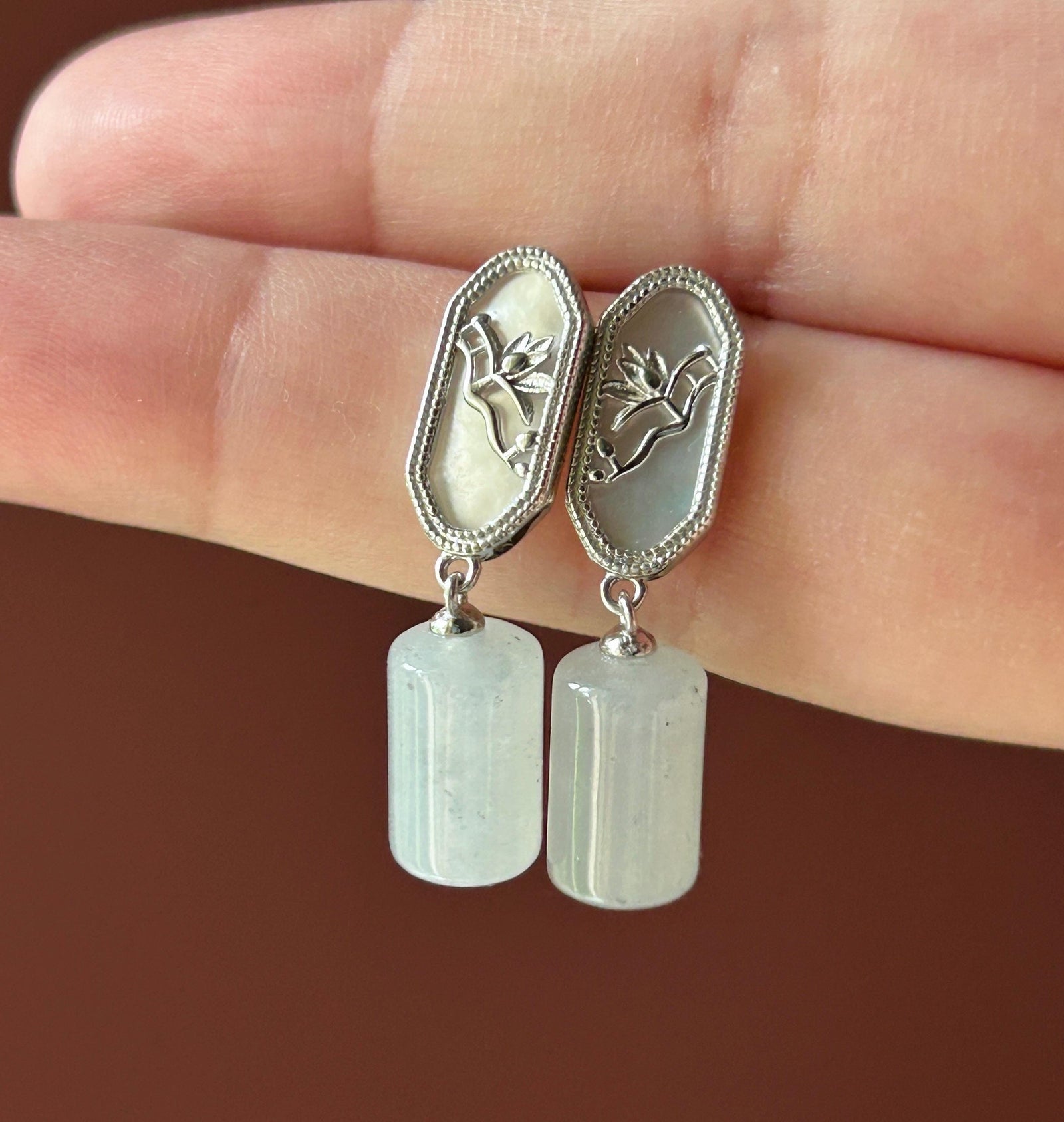 Natural Jadeite Lulutong Drop Earrings: Burmese Type A Untreated Highly Translucent Icy White Jade, Sterling Silver