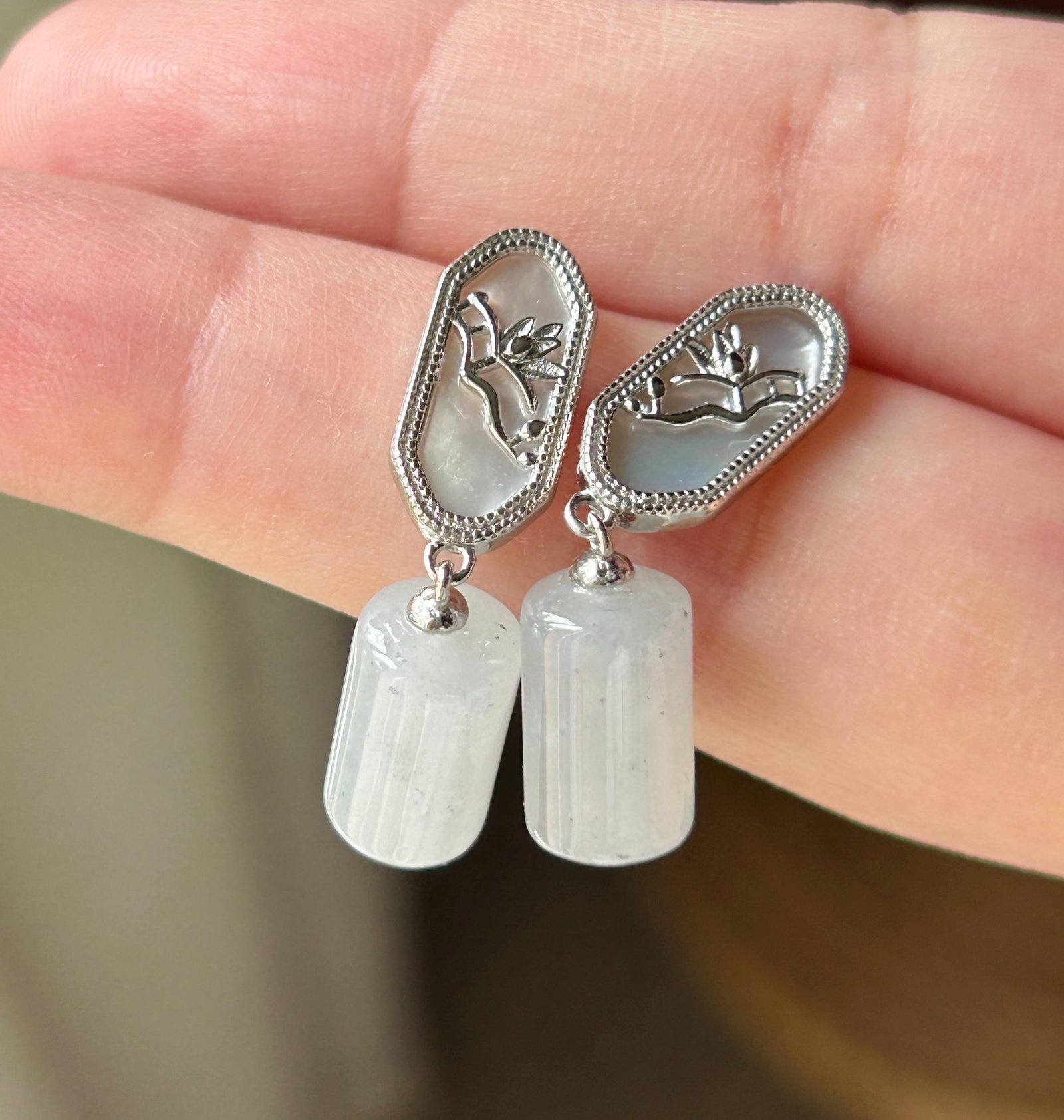 Natural Jadeite Lulutong Drop Earrings: Burmese Type A Untreated Highly Translucent Icy White Jade, Sterling Silver