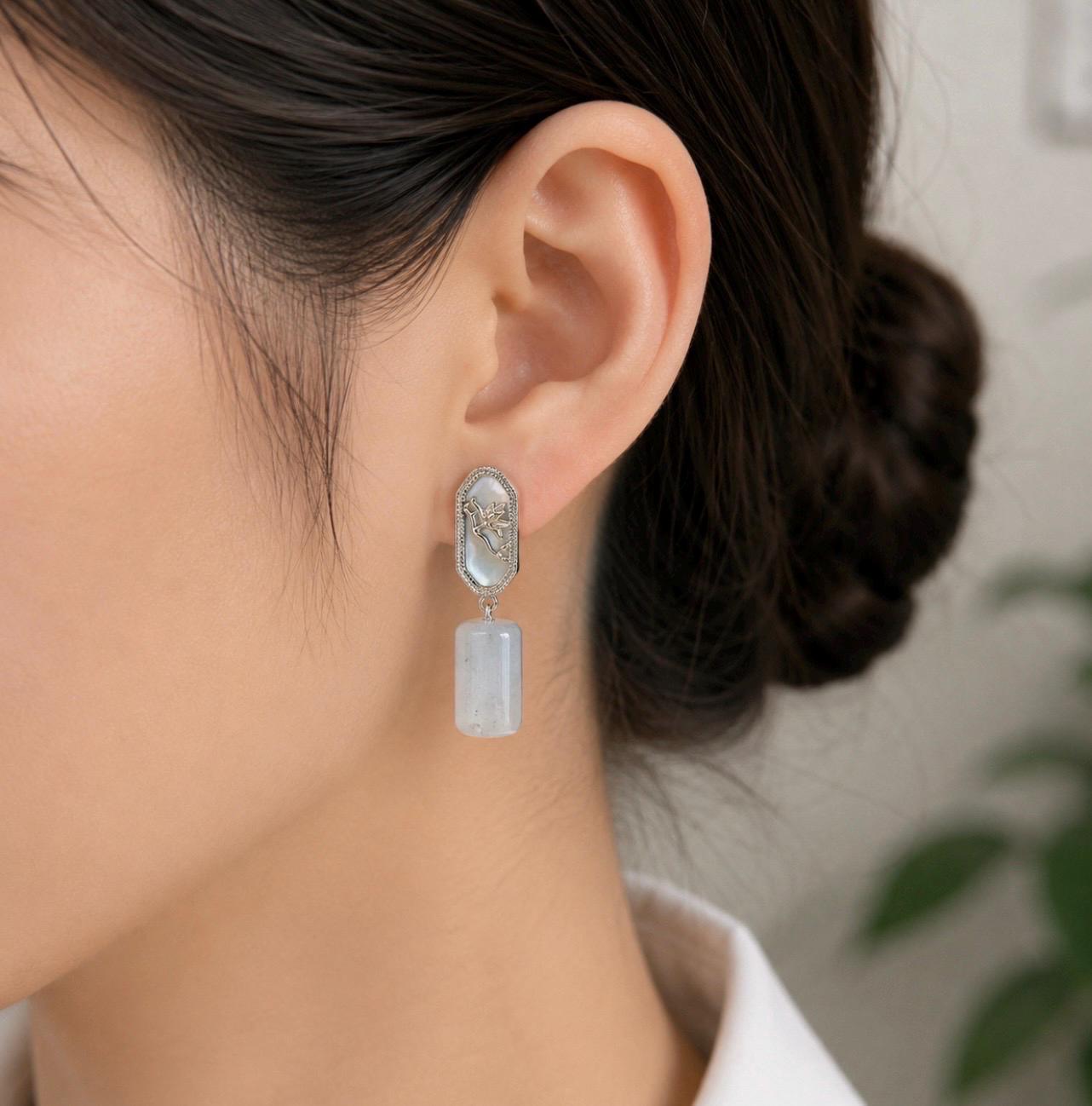 Natural Jadeite Lulutong Drop Earrings: Burmese Type A Untreated Highly Translucent Icy White Jade, Sterling Silver