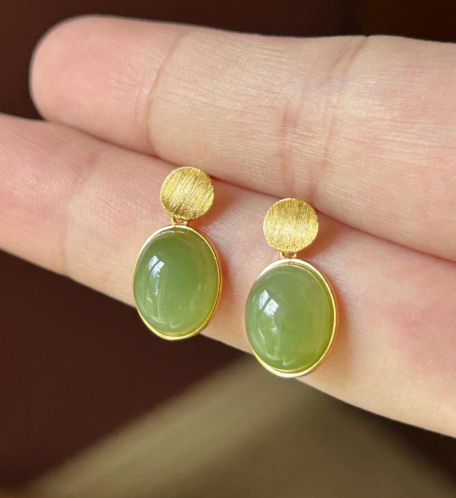Natural Jade Cabochon Drop Earrings: Untreated Icy Glutinous Apple Green Nephrite Jade, 18k Gold Vermeil Sterling Silver