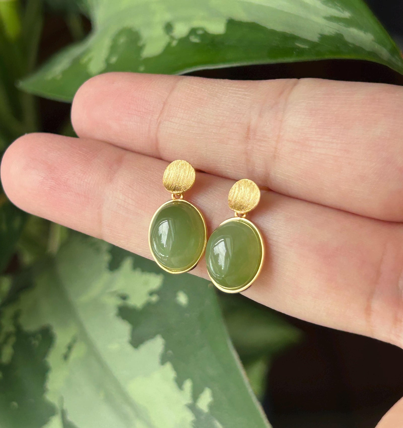 Natural Jade Cabochon Drop Earrings: Untreated Icy Glutinous Apple Green Nephrite Jade, 18k Gold Vermeil Sterling Silver