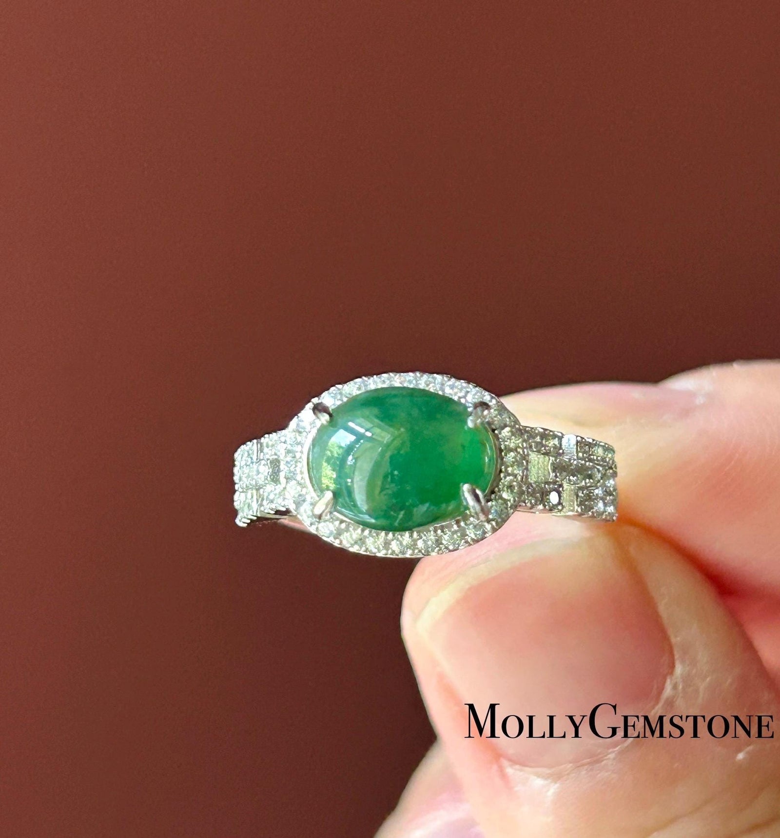 Natural Jadeite Cabochon Ring | Burmese Type A Highly Translucent Icy Dark Green Jade Sterling Silver | Minimalist Jewelry