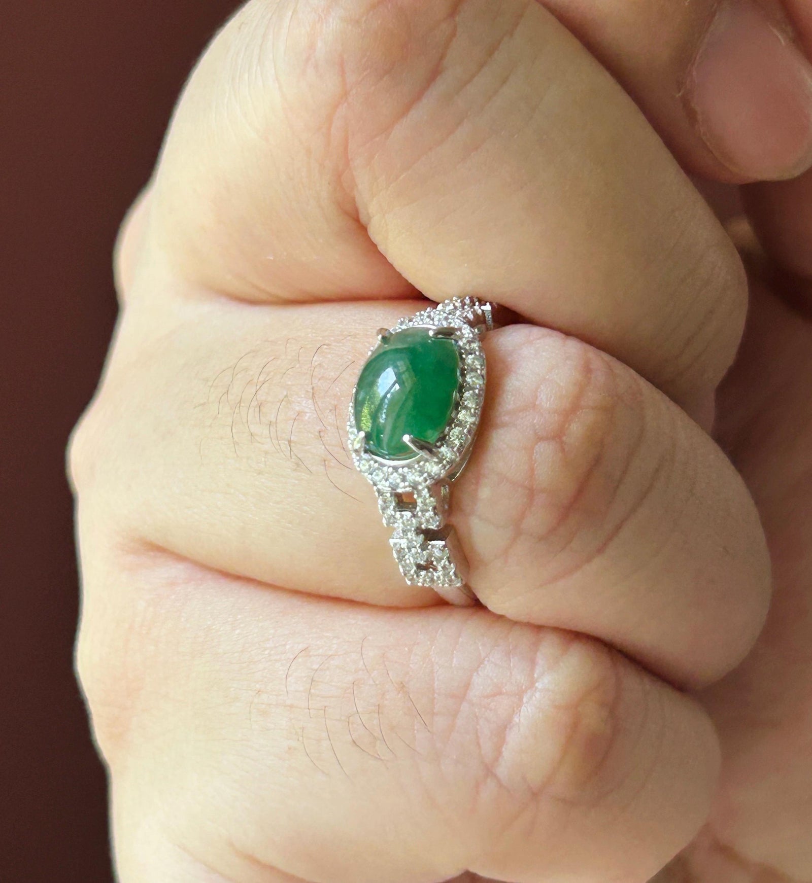 Natural Jadeite Cabochon Ring | Burmese Type A Highly Translucent Icy Dark Green Jade Sterling Silver | Minimalist Jewelry