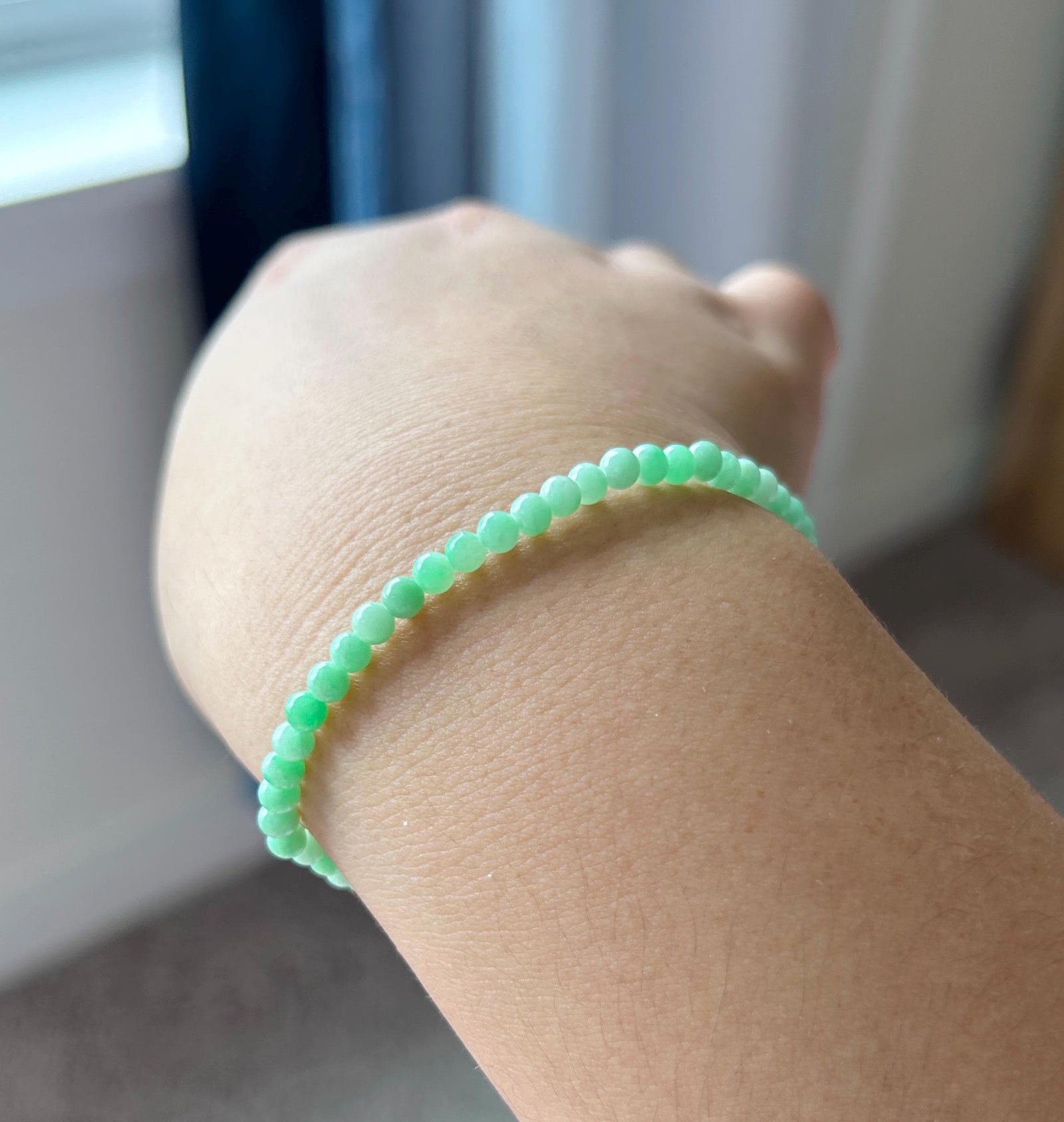 Natural Jadeite Beaded Bracelet – Burmese Type A Fine Glutinous Fresh Apple Green Jade, 3.5mm, Minimalist Jewelry