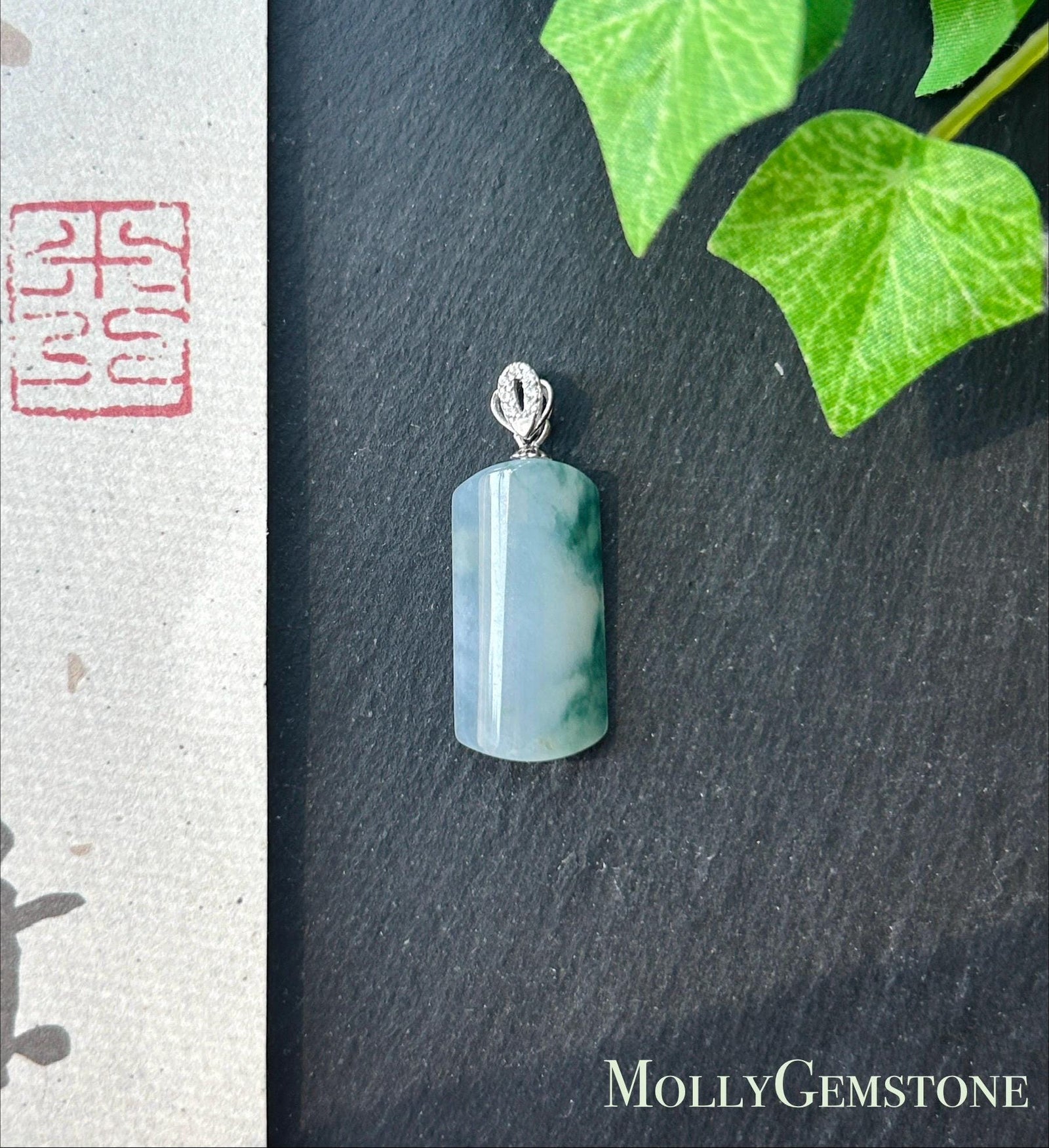 Certified Natural Jadeite Peace Plaque Pendant| Sterling Silver Bail| Burmese Type A Highly Translucent Icy Blue Floral Jade