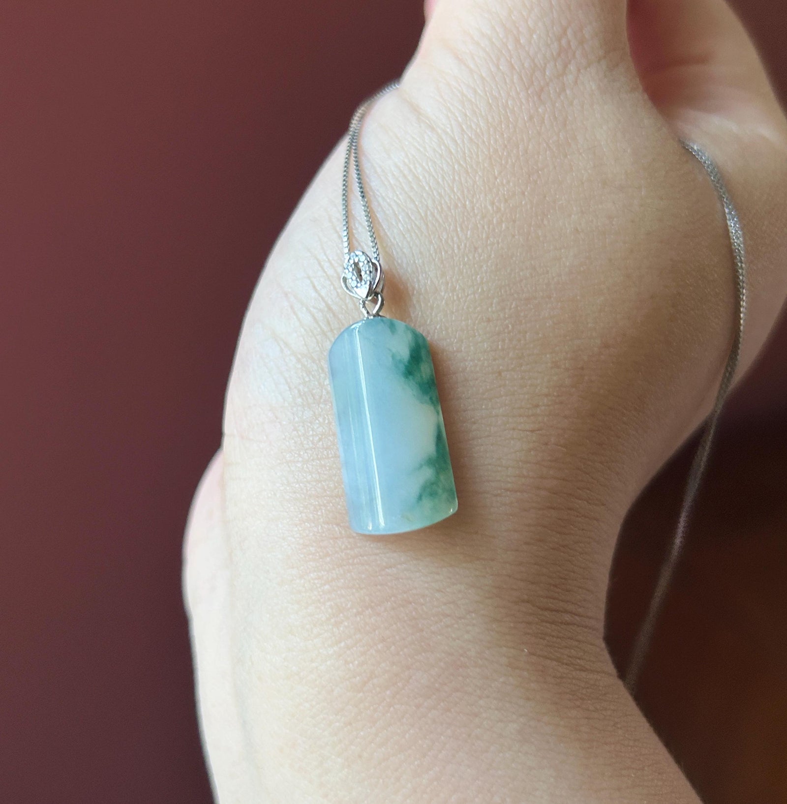 Certified Natural Jadeite Peace Plaque Pendant| Sterling Silver Bail| Burmese Type A Highly Translucent Icy Blue Floral Jade