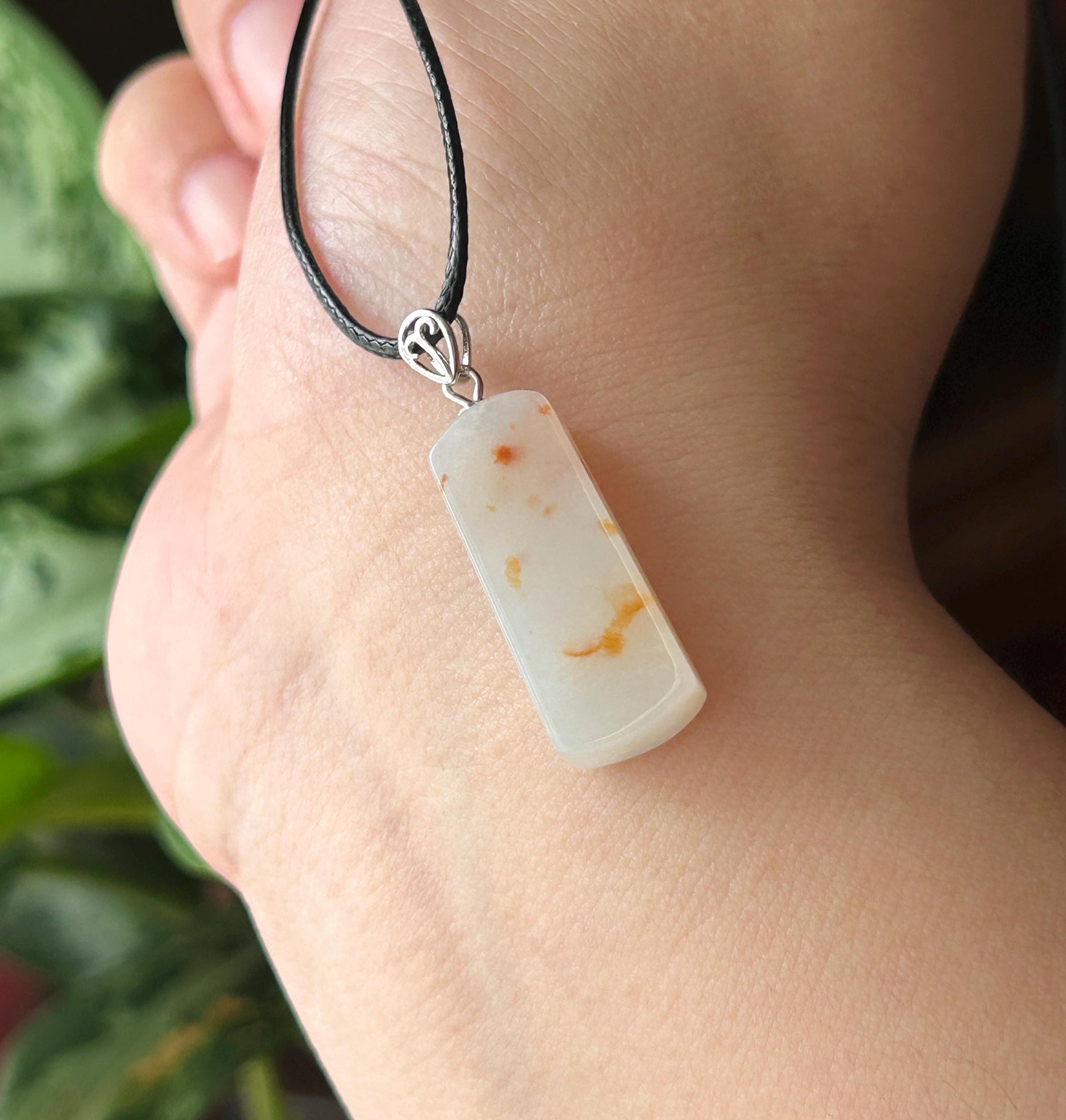 Certified Natural Jadeite Peace Plaque Pendant| Sterling Silver Bail| Burmese Type A Translucent Icy Milky White Base Red Floral Jade