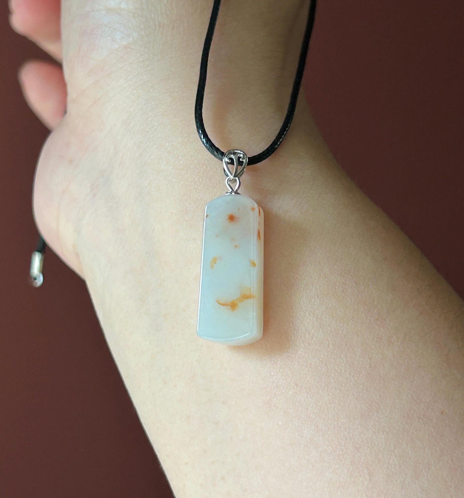 Certified Natural Jadeite Peace Plaque Pendant| Sterling Silver Bail| Burmese Type A Translucent Icy Milky White Base Red Floral Jade