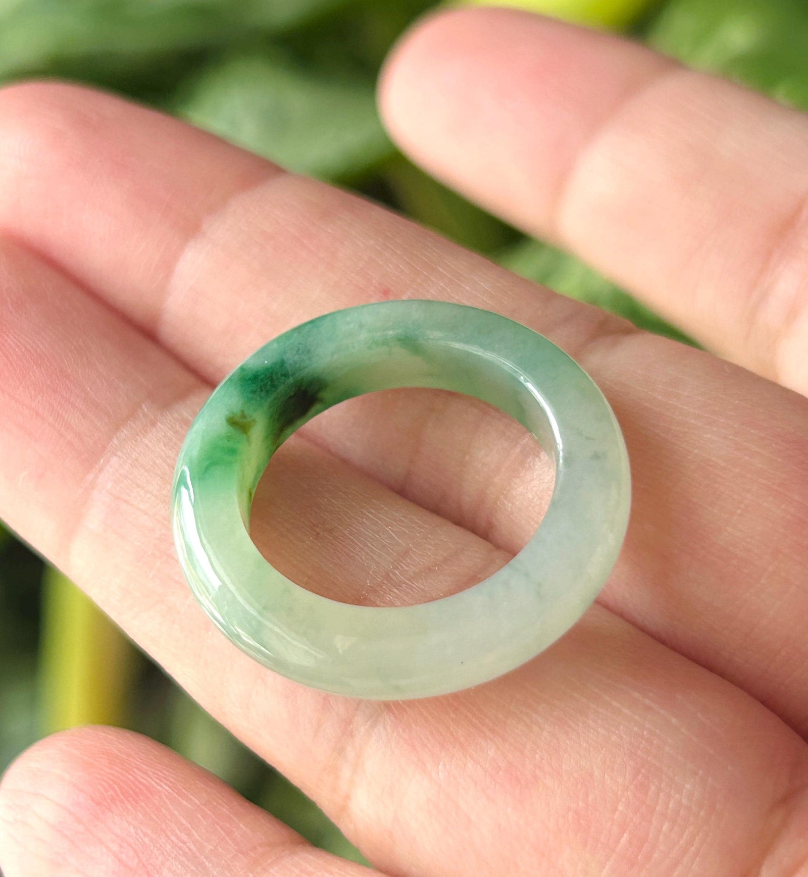 Certified Natural Jadeite Ring Band | Burmese Type A Highly Translucent Icy Glutinous Vivid Green Floral Color | US Size 7