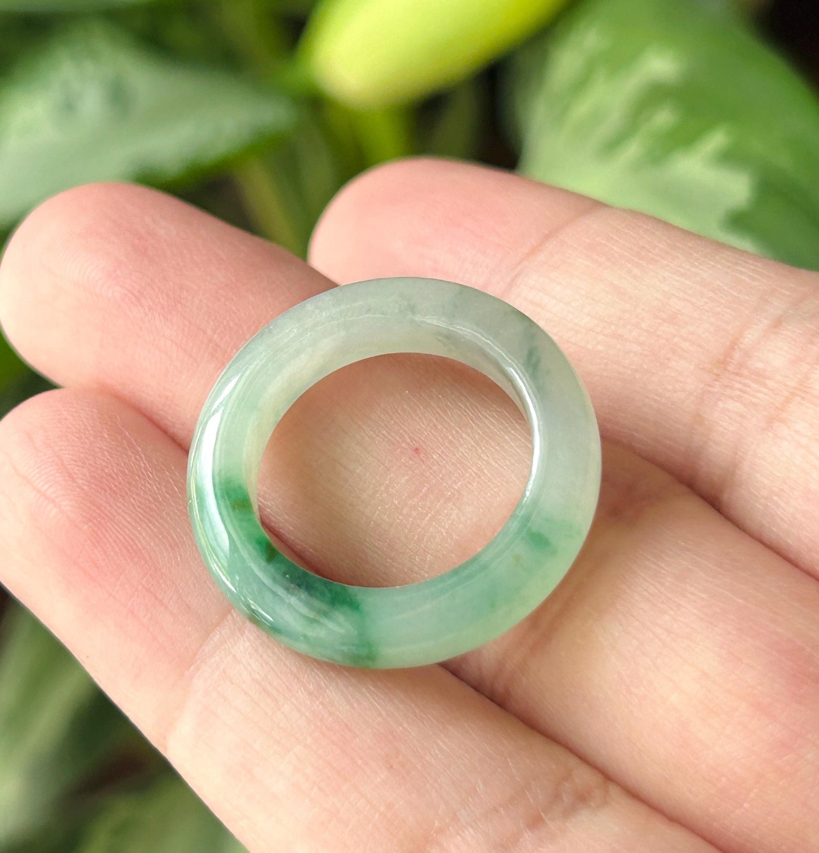 Certified Natural Jadeite Ring Band | Burmese Type A Highly Translucent Icy Glutinous Vivid Green Floral Color | US Size 7