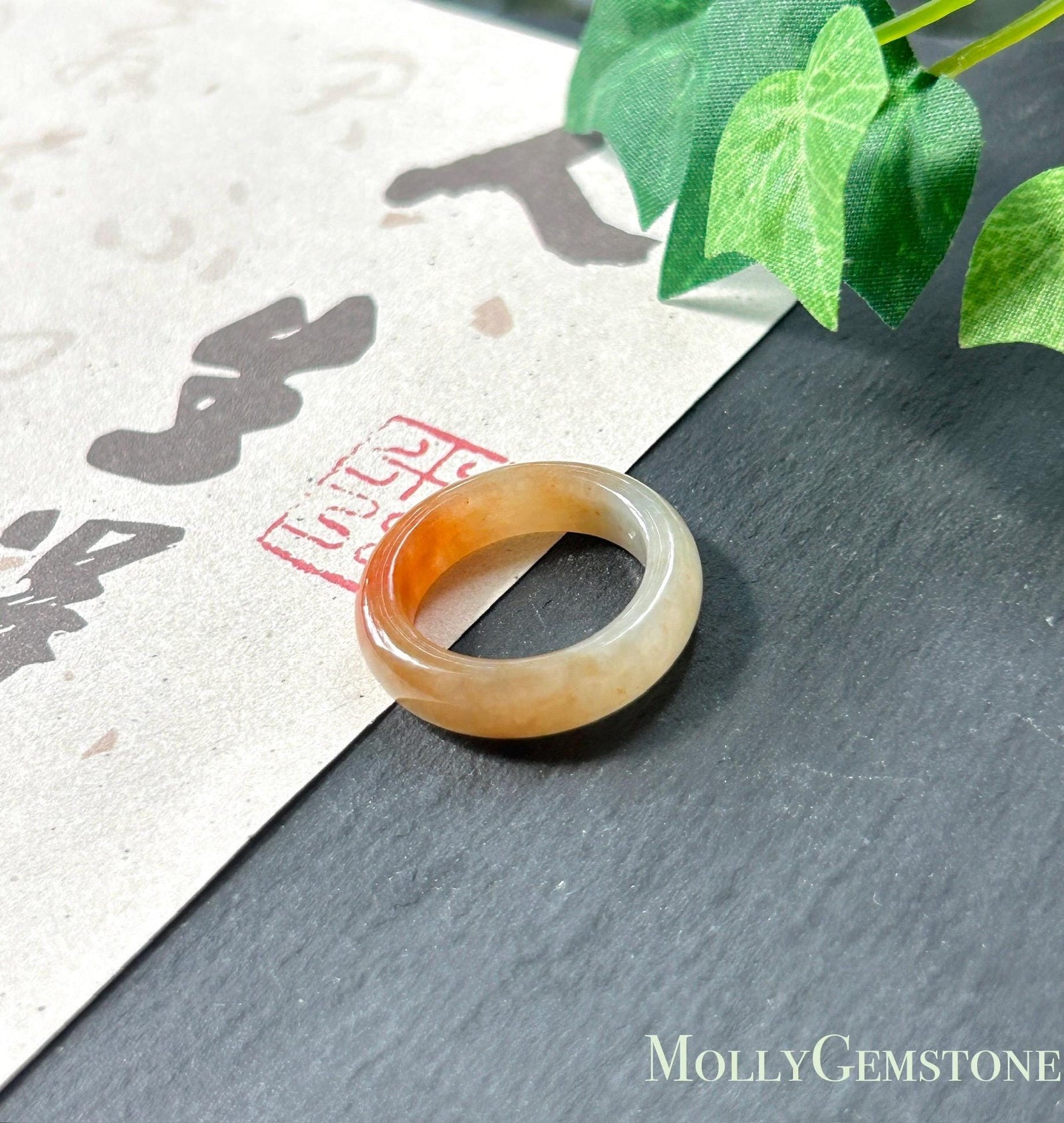 Certified Natural Jadeite Ring Band | Burmese Type A Translucent Icy Glutinous Vivid Red & Light Yellow Gradient Color | US Size 5.5/15.9mm