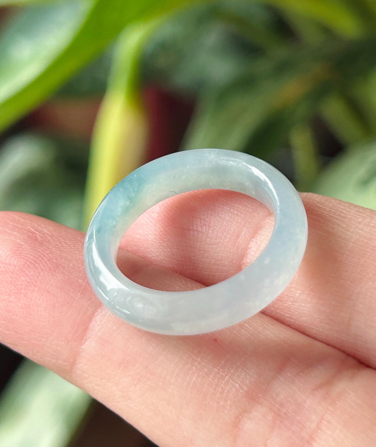 Natural Jadeite Ring Band | Burmese Type A Highly Translucent Icy Blue Base & Bluish Green Floral Jade | US Size 7