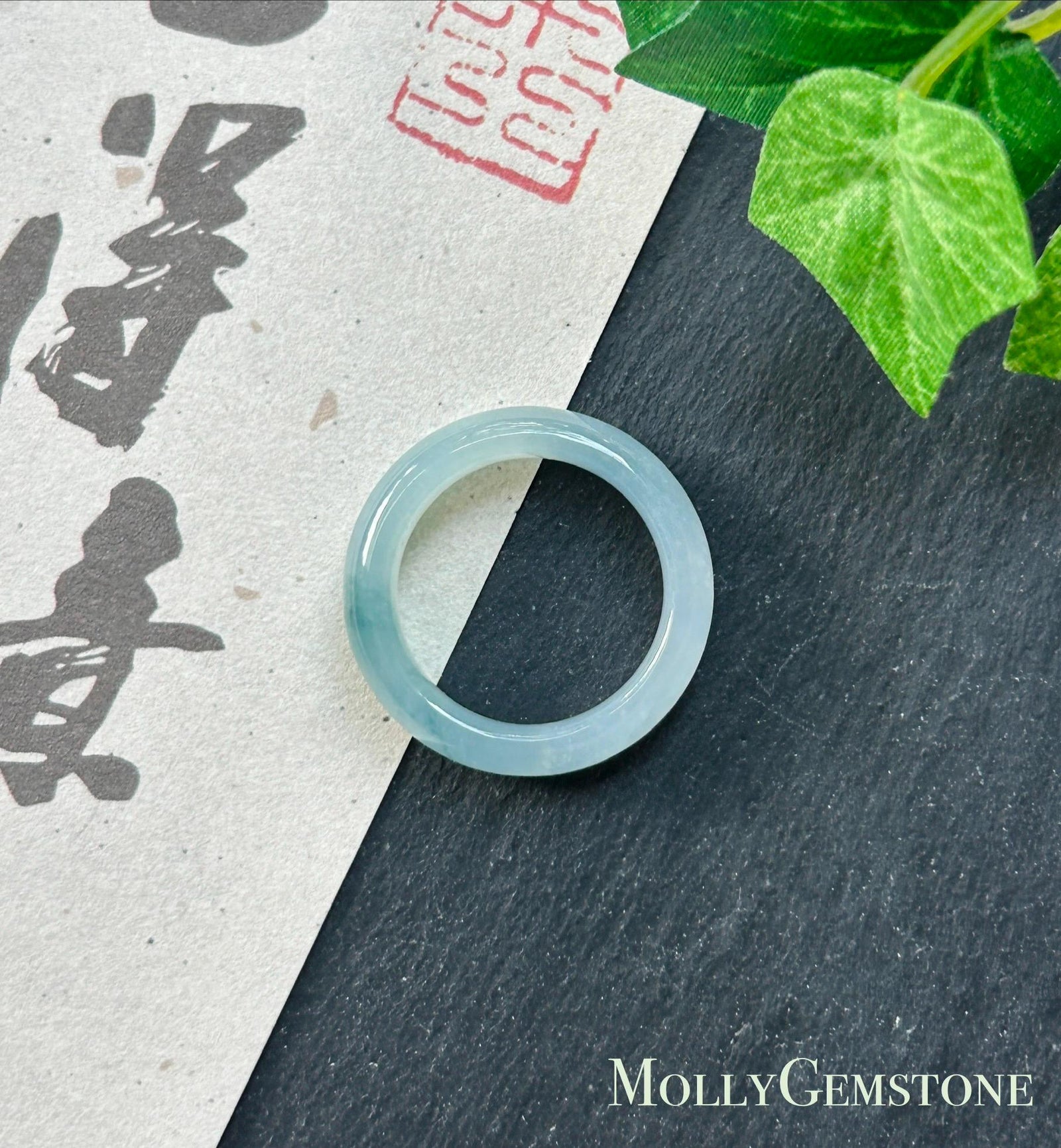 Natural Jadeite Ring Band | Burmese Type A Highly Translucent Icy Blue Base & Bluish Green Floral Jade | US Size 7