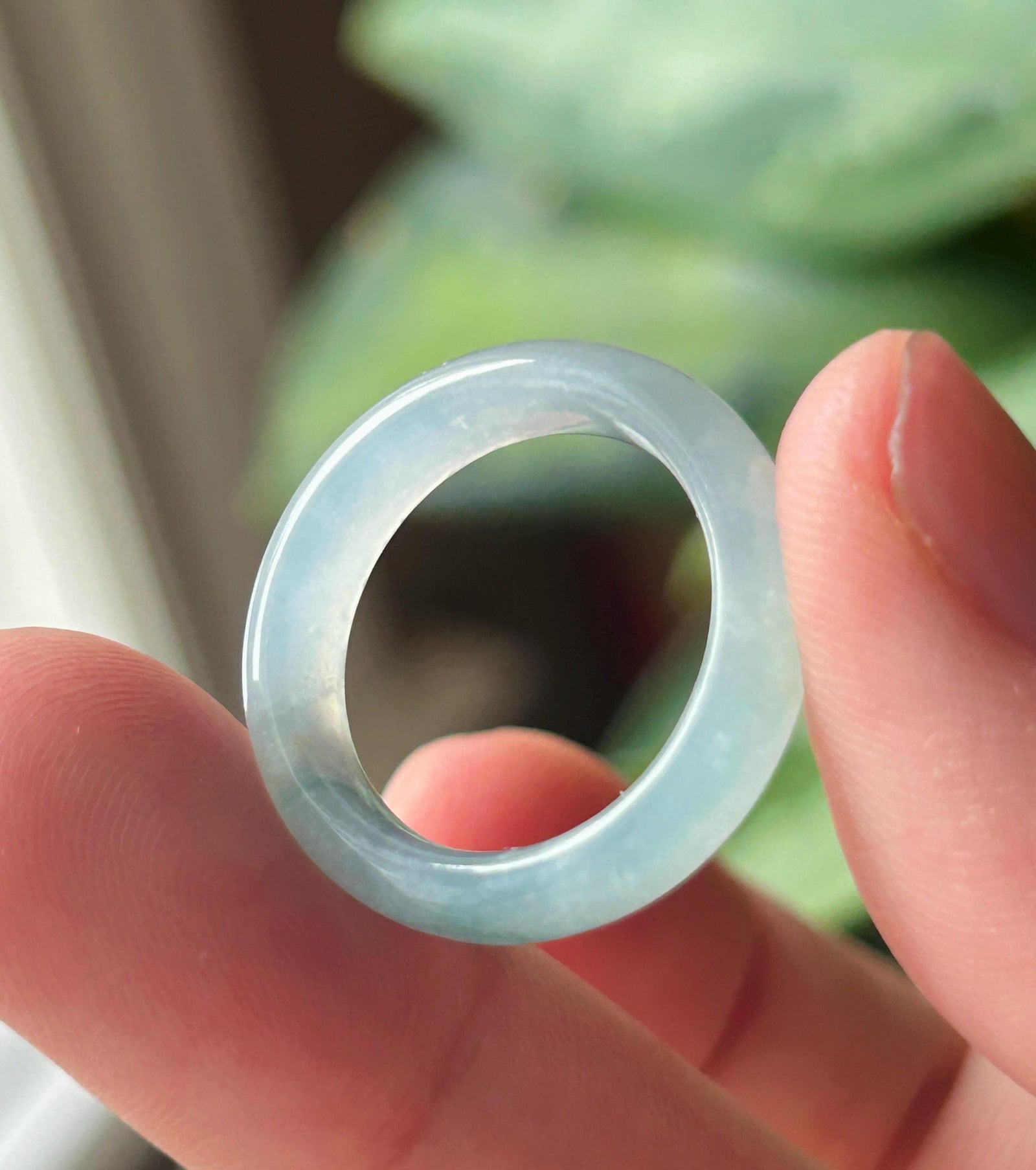 Natural Jadeite Ring Band | Burmese Type A Highly Translucent Icy Blue Base & Bluish Green Floral Jade | US Size 7