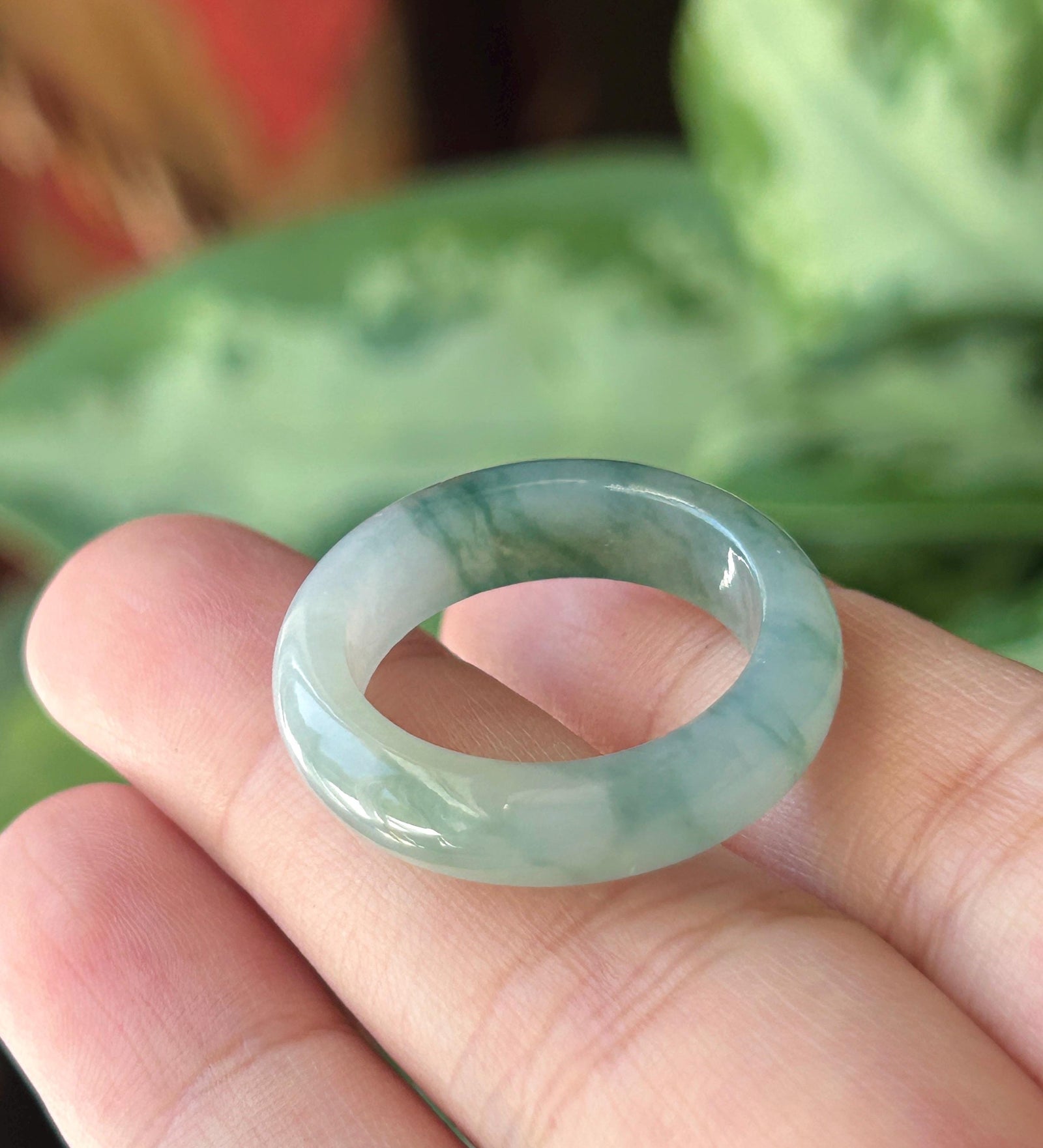 Natural Jadeite Ring Band | Burmese Type A Highly Translucent Icy White Base & Bluish Moss Green Floral Jade | US Size 9
