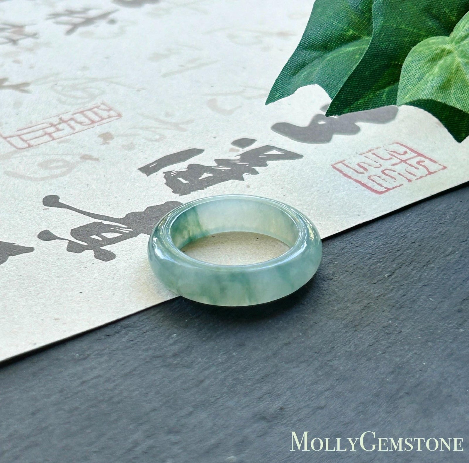 Natural Jadeite Ring Band | Burmese Type A Highly Translucent Icy White Base & Bluish Moss Green Floral Jade | US Size 9