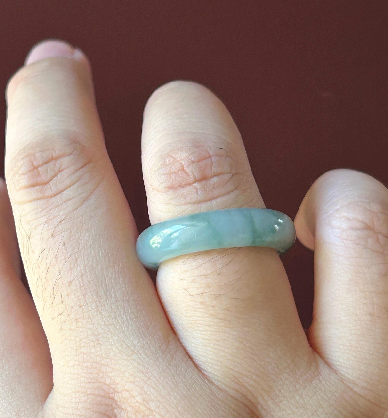 Natural Jadeite Ring Band | Burmese Type A Highly Translucent Icy White Base & Bluish Moss Green Floral Jade | US Size 9