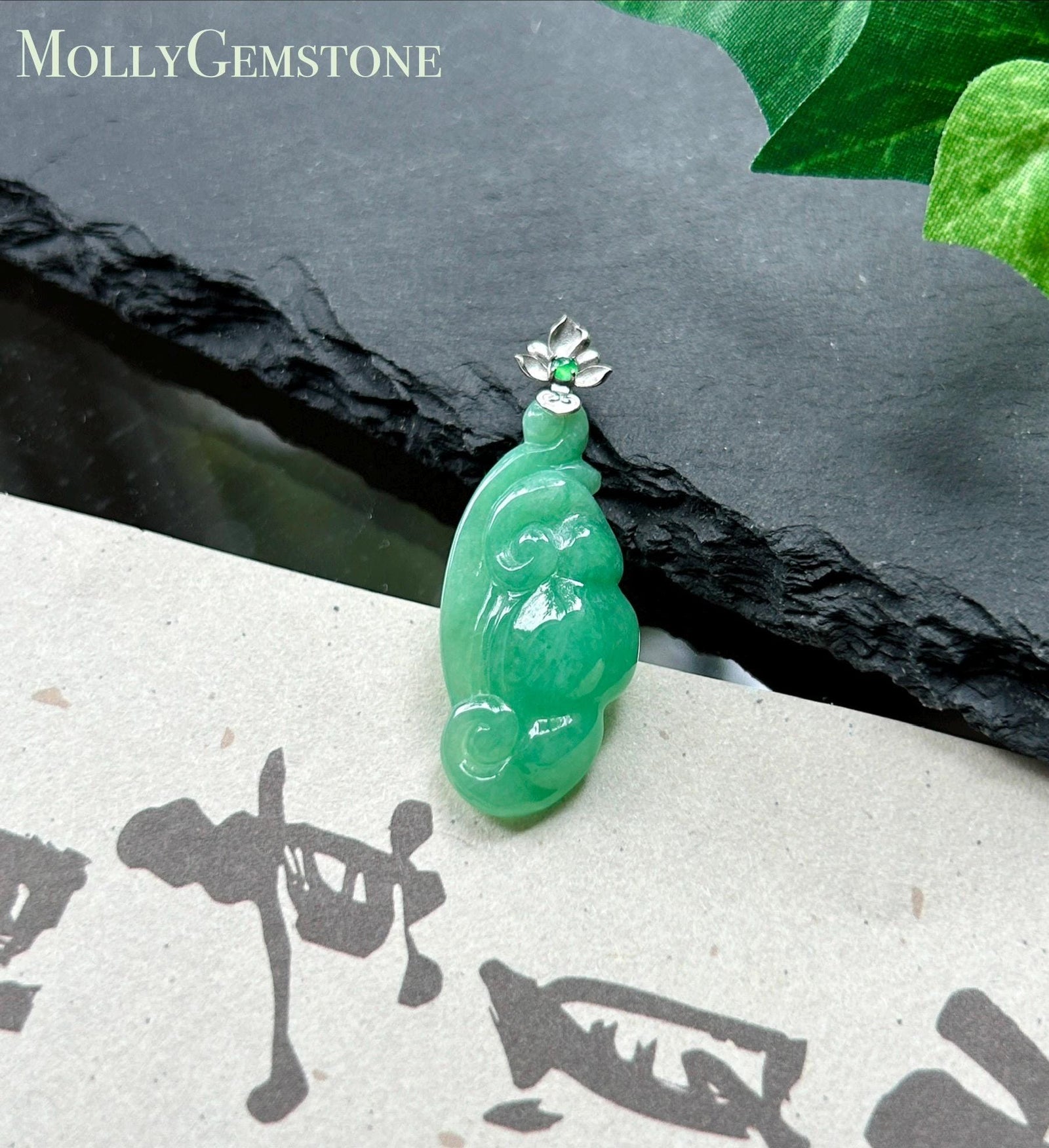 Certified Natural Jadeite RuYi Pendant | Burmese Type A Icy Gelatinous Vivid Apple Green Jade, 18k Solid Gold