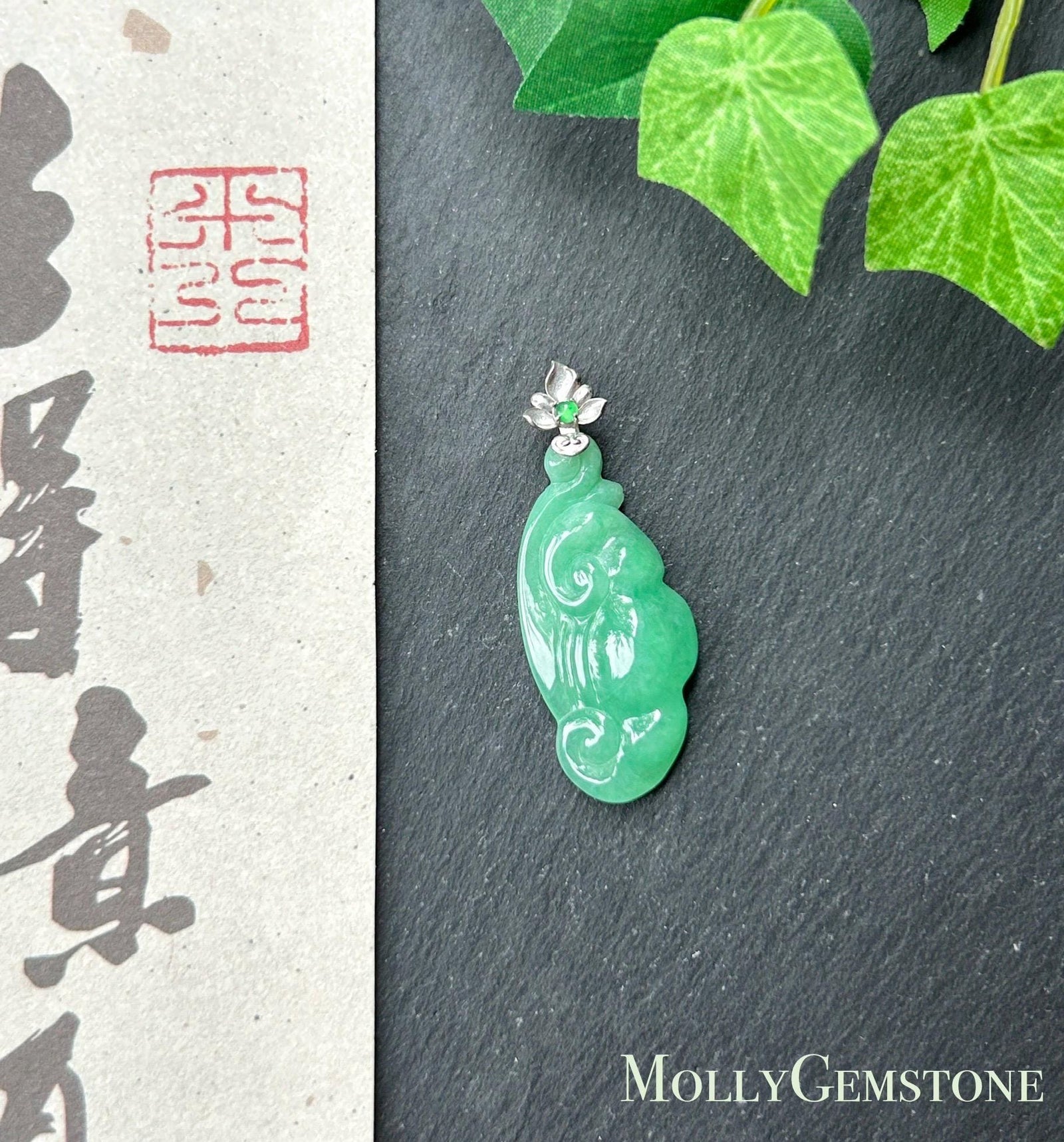 Certified Natural Jadeite RuYi Pendant | Burmese Type A Icy Gelatinous Vivid Apple Green Jade, 18k Solid Gold