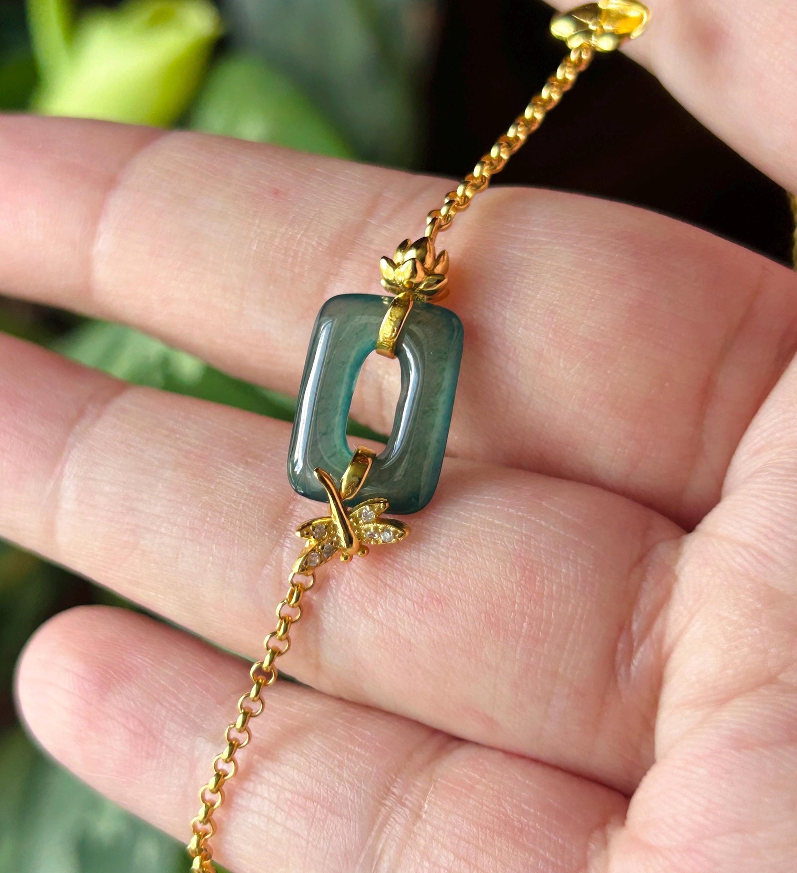 Natural Jadeite Lotus & Dragonfly Bracelet, Guatemalan Type A Highly Translucent Icy Teal Blue Jade in 18k Plated 925 Sterling Silver