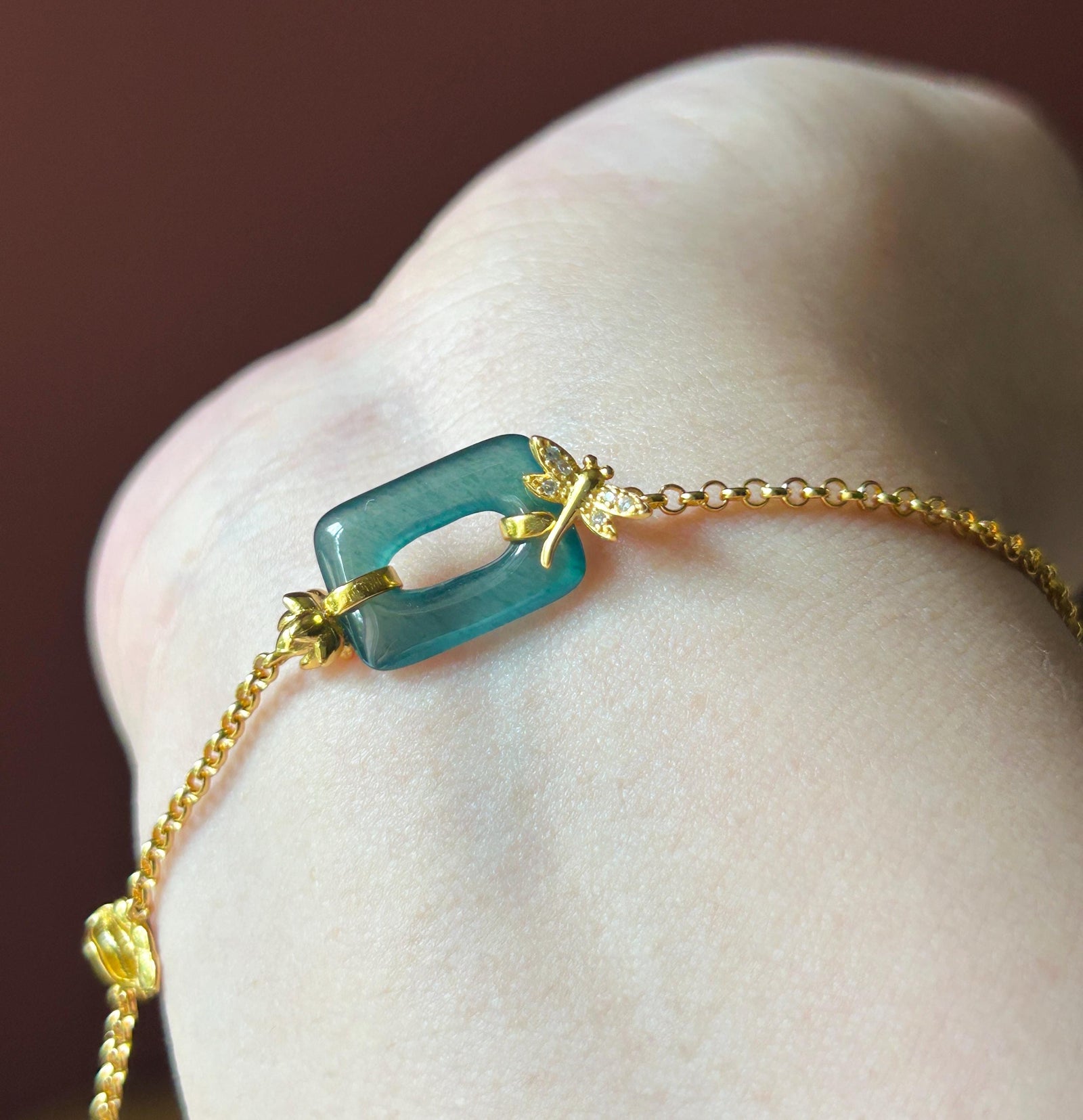 Natural Jadeite Lotus & Dragonfly Bracelet, Guatemalan Type A Highly Translucent Icy Teal Blue Jade in 18k Plated 925 Sterling Silver