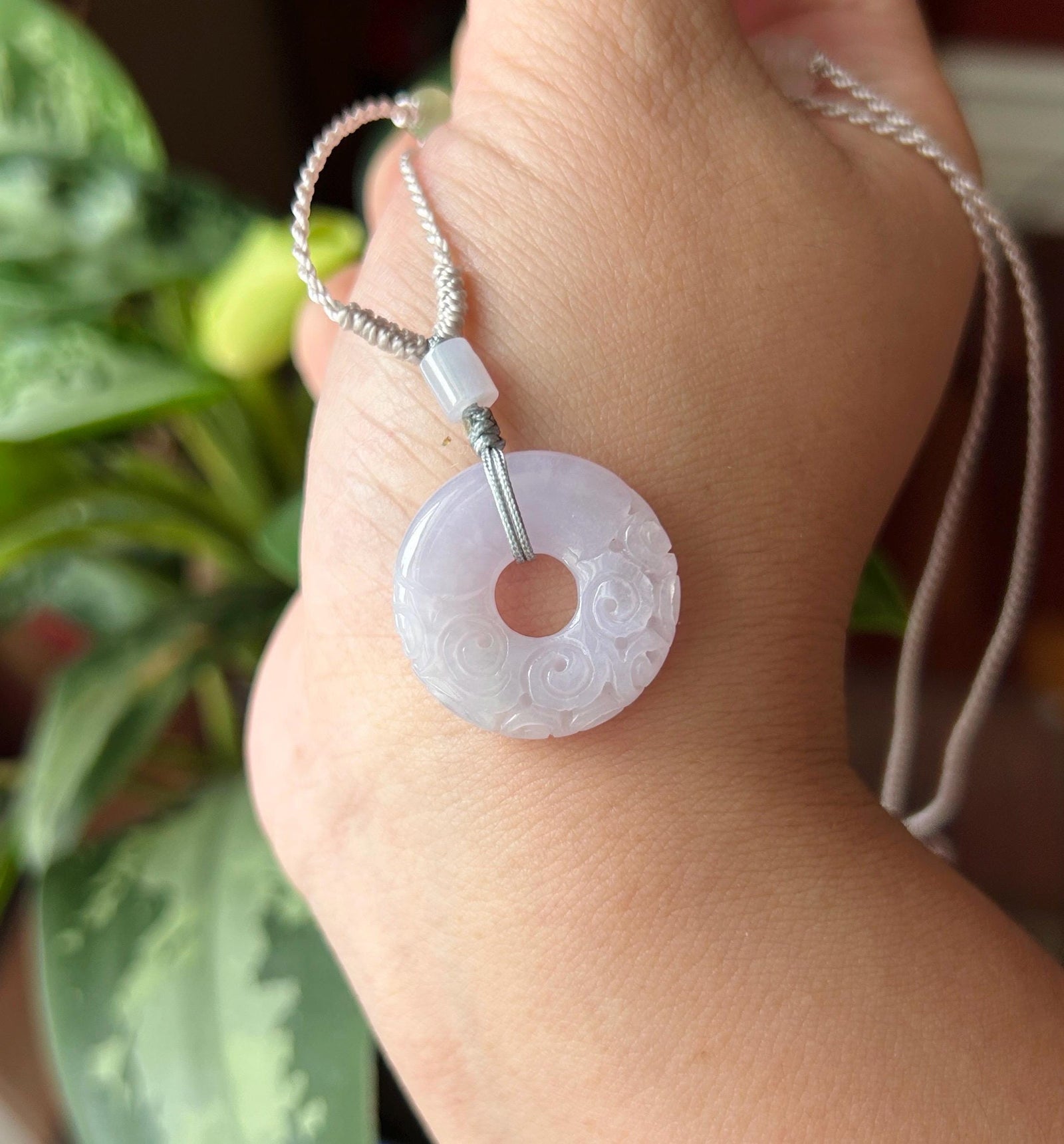 Certified Natural Jadeite Carved Donut Pendant Handwoven Necklace Burmese Type A Highly Translucent Icy Pinkish Purple Jade 22.8 x 4.7mm