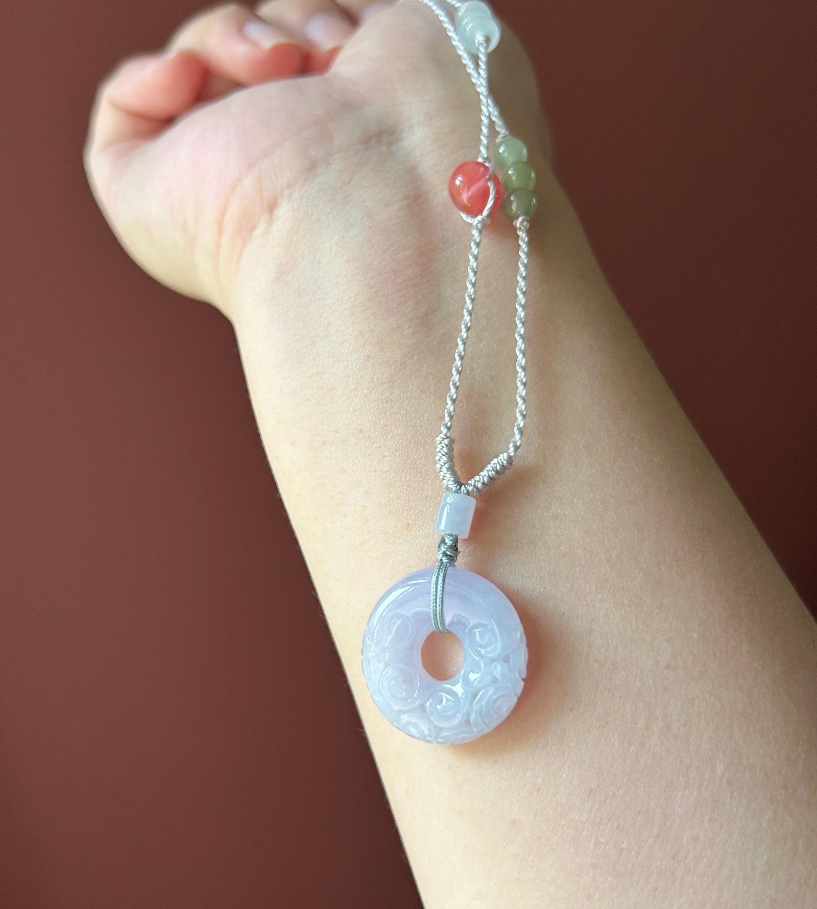 Certified Natural Jadeite Carved Donut Pendant Handwoven Necklace Burmese Type A Highly Translucent Icy Pinkish Purple Jade 22.8 x 4.7mm