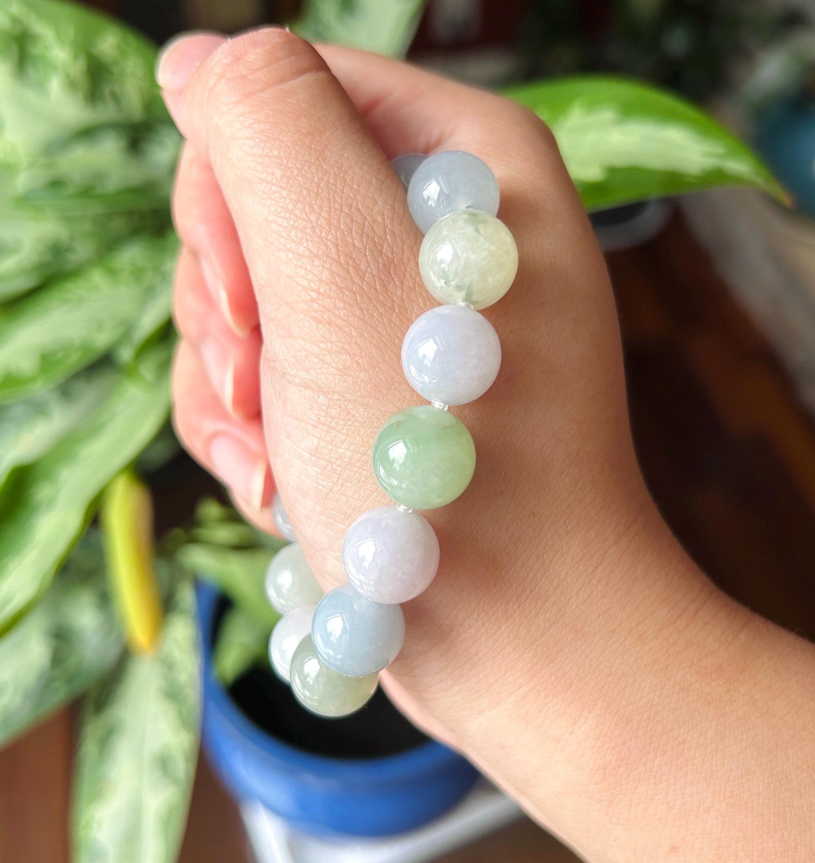 Natural Jadeite Beaded Bracelet, Burmese Type A Fine Translucent Icy Glutinous Macaron Multicolor Jade, 12.5mm