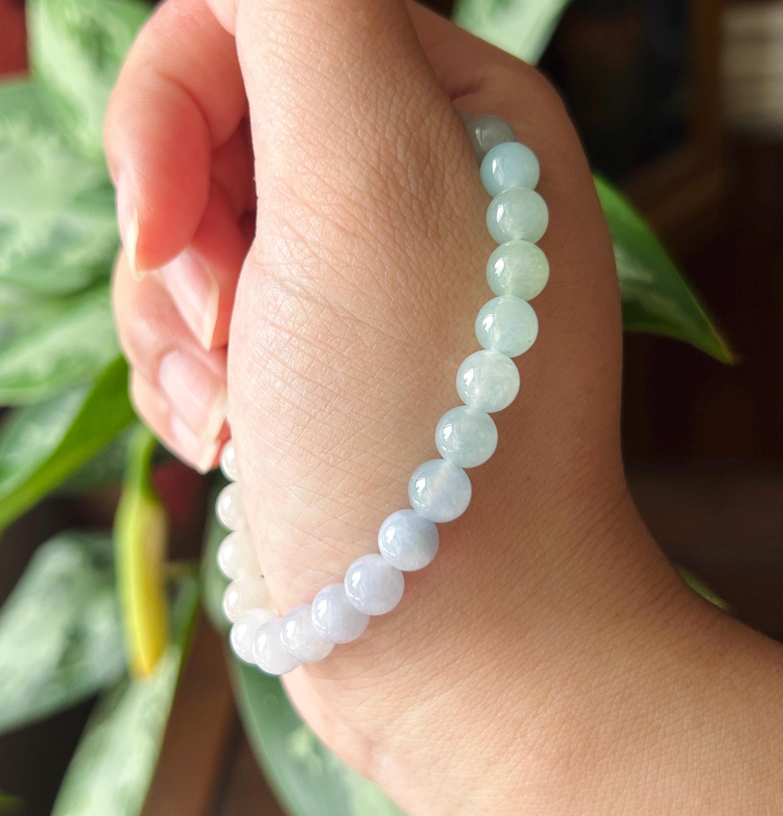 Natural Jadeite Beaded Gradient Bracelet – Burmese Type A Translucent Icy Pale Gradient Multicolor Jade, 7mm